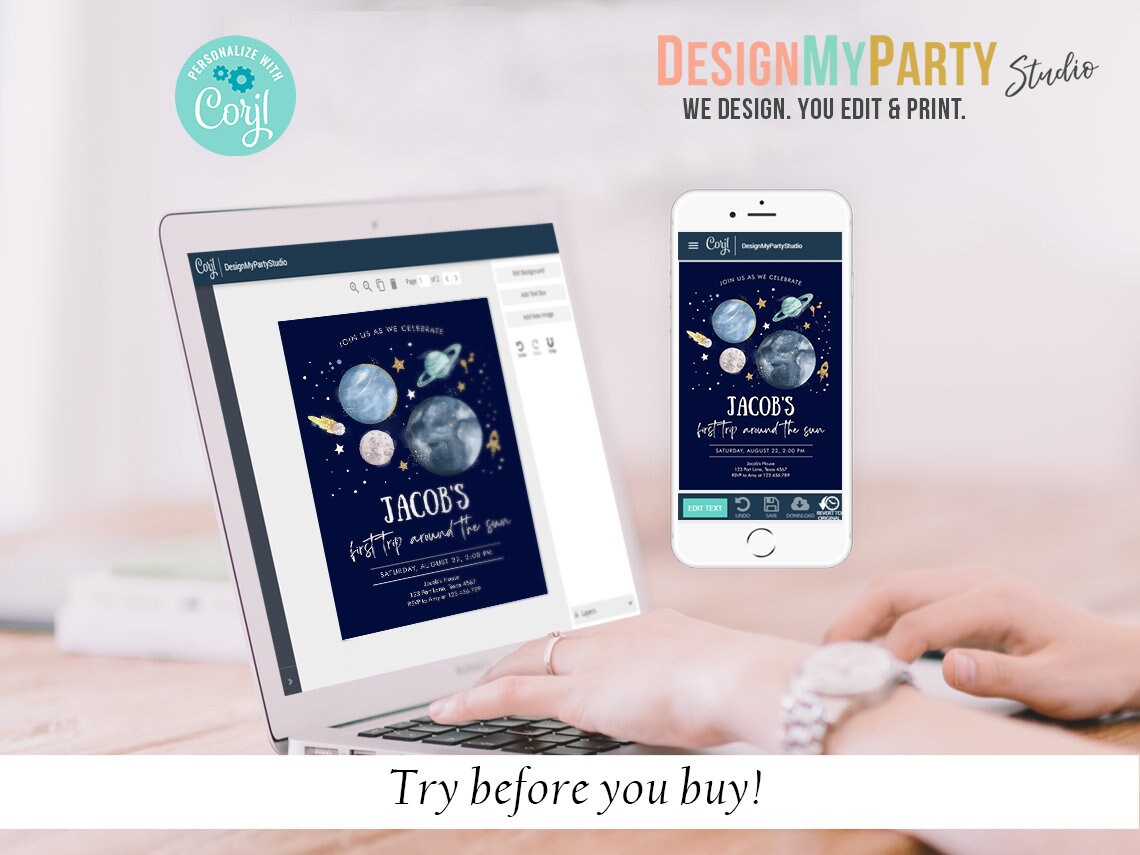 Space Birthday Invitation Bundle Space Party 1st Birthday First Trip Around the Sun Galaxy Boy Astronaut Digital Template Printable 0357