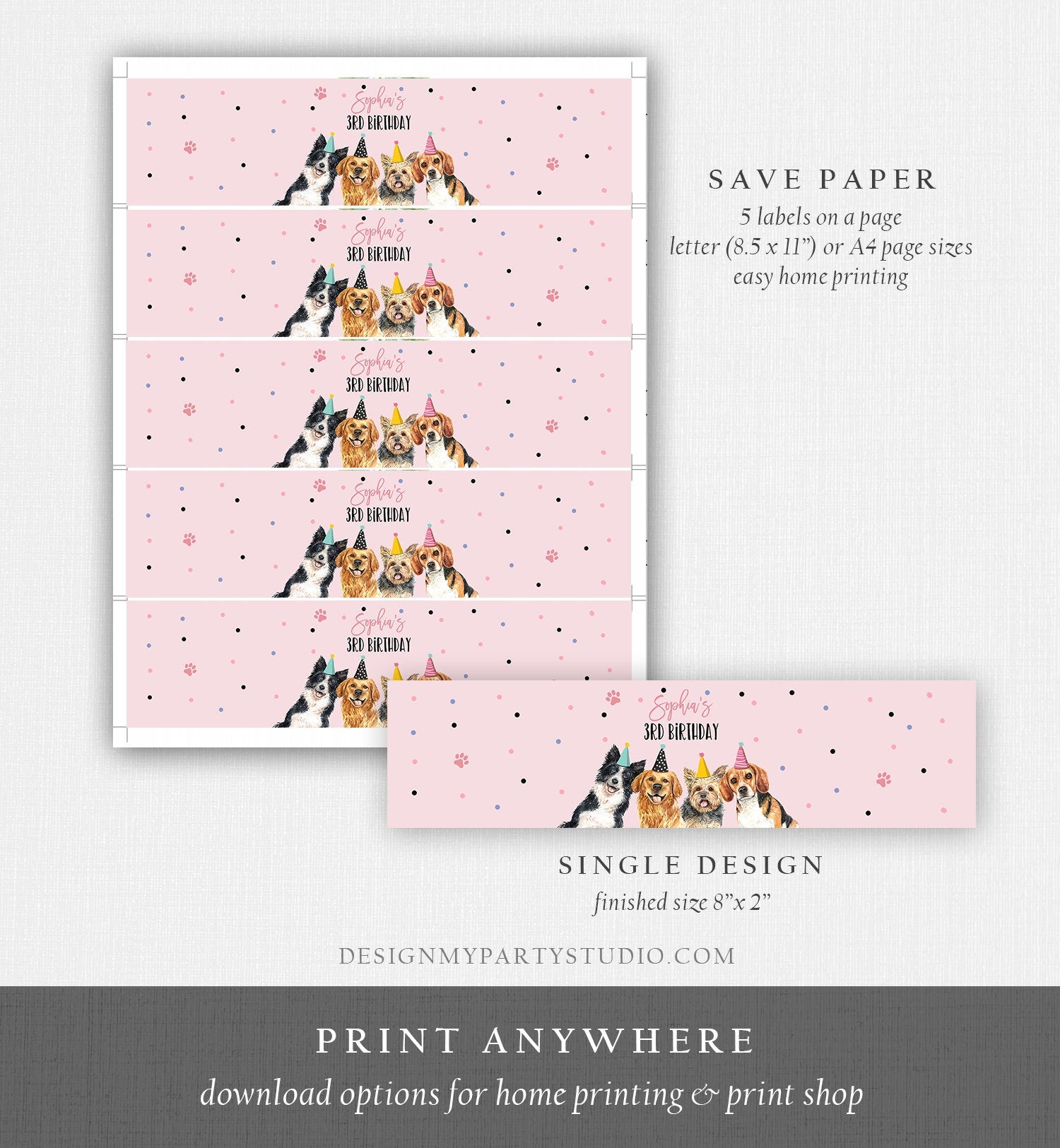 Editable Dog Water Bottle Labels Dog Birthday Puppy Party Doggy Pet Vet Pawty Birthday Decor Girl Bottle Wrapper Template Printable 0384