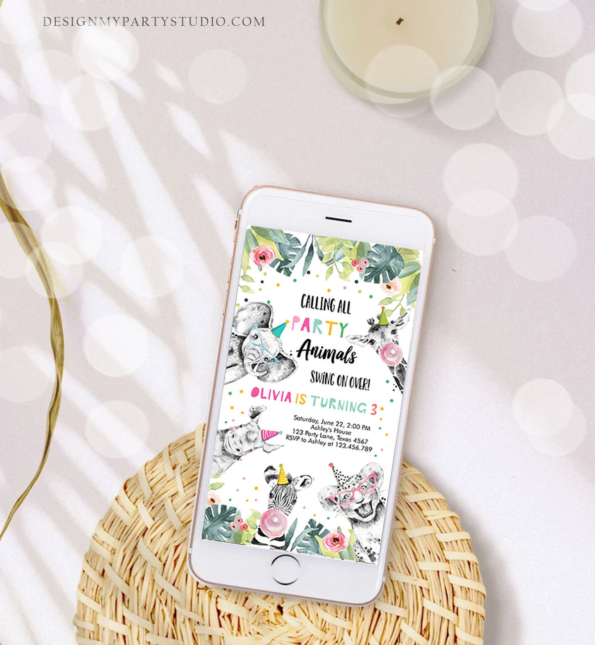 Editable Party Animals Birthday Evite Wild One Animals Invitation Zoo Safari Animals Girl Download Digital Invite iPhone Template Corjl 0322