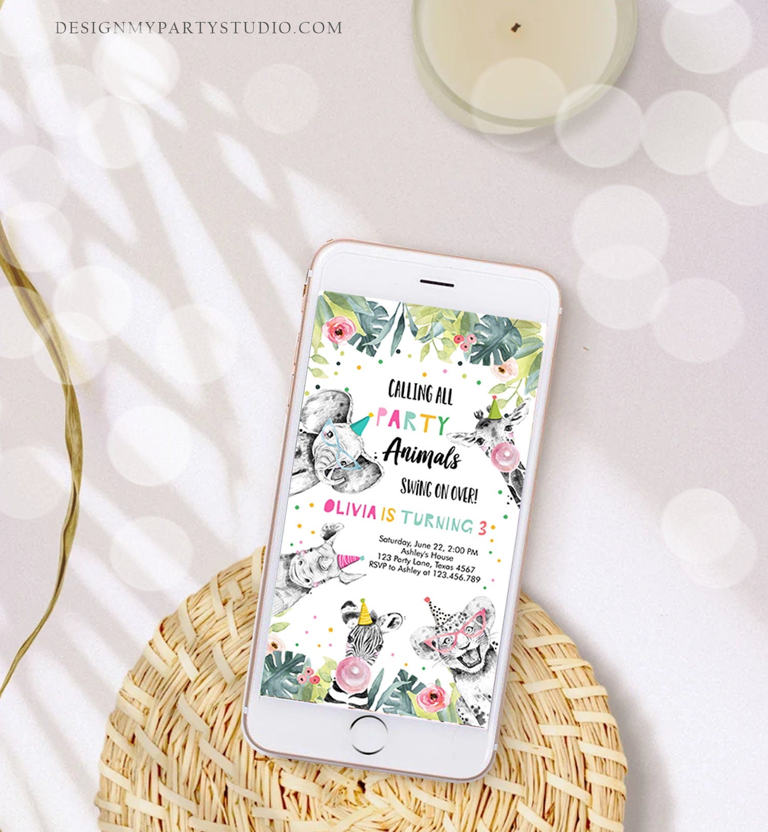 Editable Party Animals Birthday Evite Wild One Animals Invitation Zoo Safari Animals Girl Download Digital Invite iPhone Template Corjl 0322