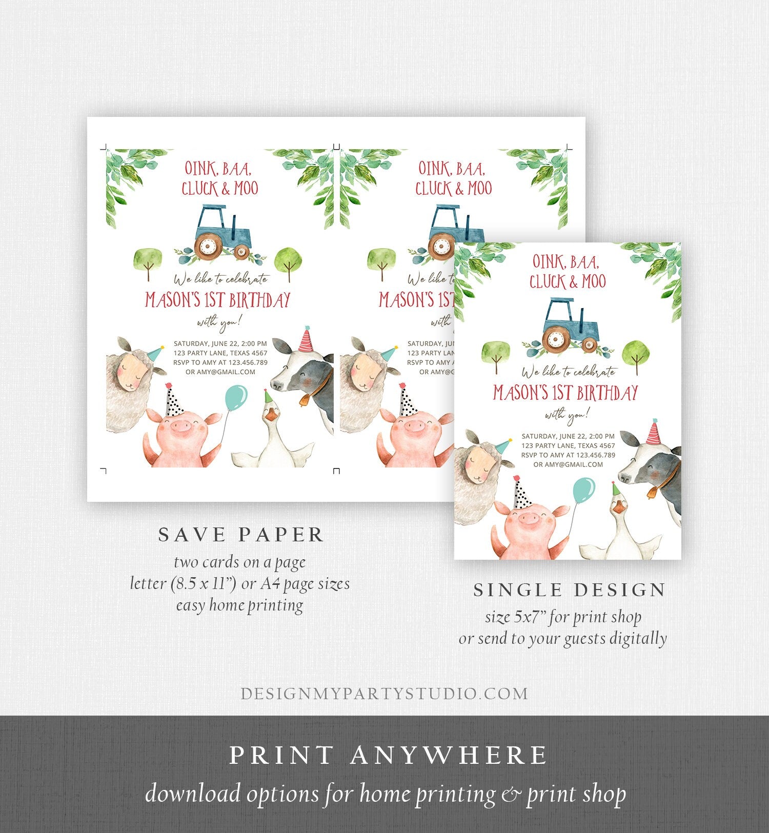 Editable Farm Animals Birthday Invitation Boy Fist 1st Party Animals Blue Tractor Barnyard Barn Digital Evite Template Printable 0155
