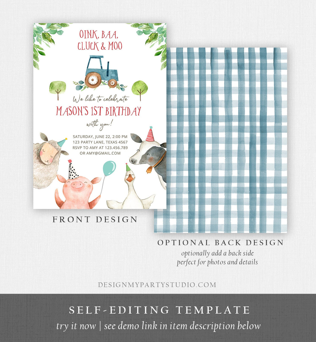 Editable Farm Animals Birthday Invitation Boy Fist 1st Party Animals Blue Tractor Barnyard Barn Digital Evite Template Printable 0155