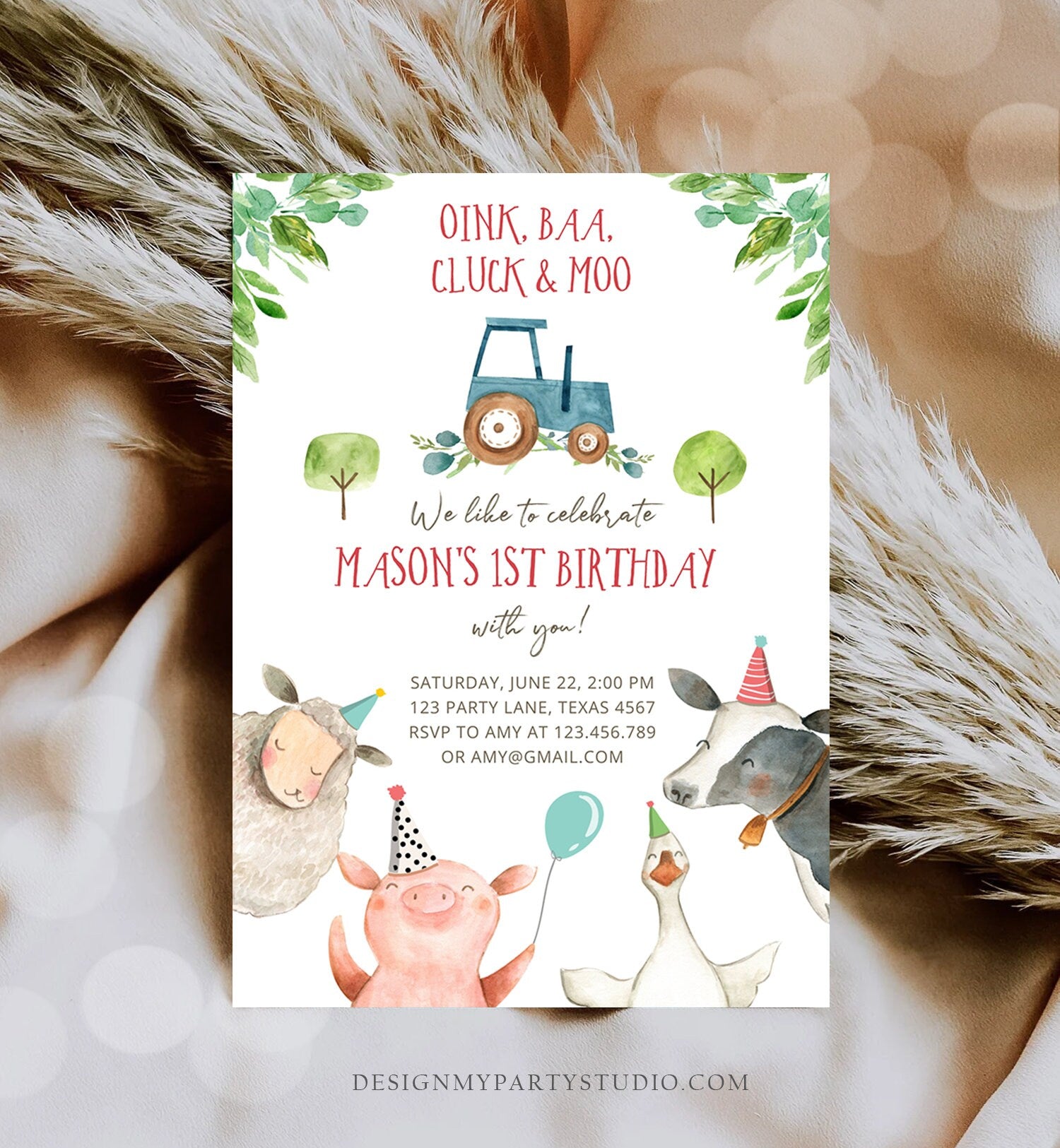 Editable Farm Animals Birthday Invitation Boy Fist 1st Party Animals Blue Tractor Barnyard Barn Digital Evite Template Printable 0155