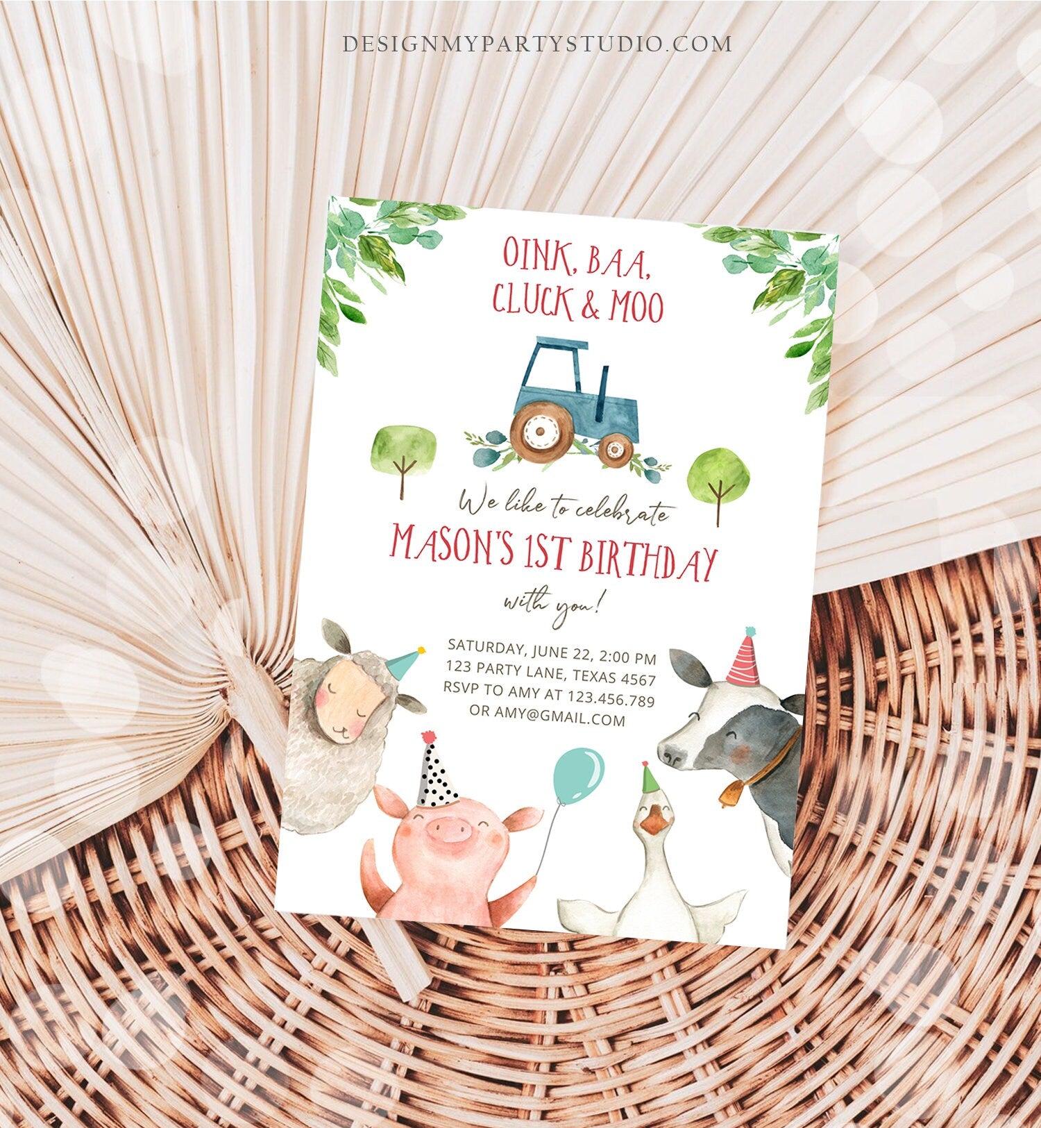 Editable Farm Animals Birthday Invitation Boy Fist 1st Party Animals Blue Tractor Barnyard Barn Digital Evite Template Printable 0155