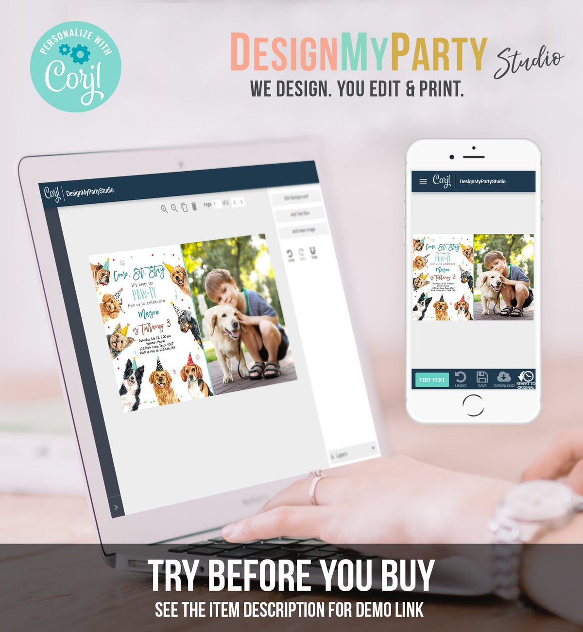 Editable Dog Birthday Party Invitation Puppy Birthday Invite Boys Blue Doggy Shelter Animal Pet Vet Digital Download Template Printable 0384