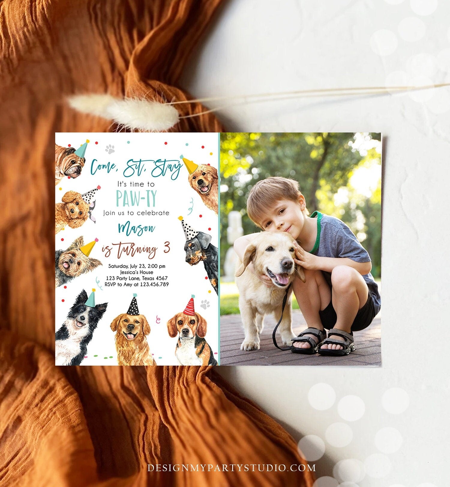 Editable Dog Birthday Party Invitation Puppy Birthday Invite Boys Blue Doggy Shelter Animal Pet Vet Digital Download Template Printable 0384