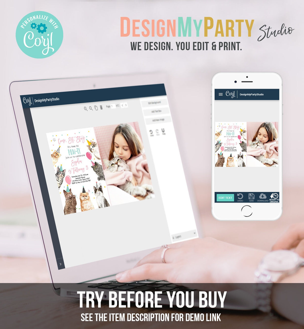 Editable Cat Birthday Party Invitation Kitten Birthday Invite Pink Girl Kitty Cat Invitation Pet Cute Download Printable Template Evite 0384