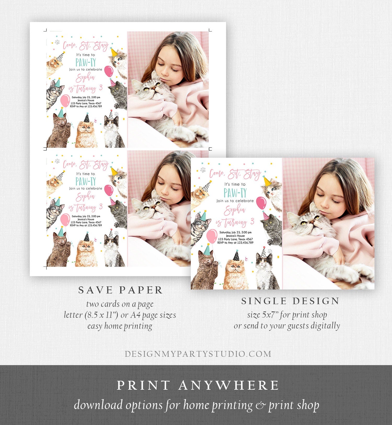 Editable Cat Birthday Party Invitation Kitten Birthday Invite Pink Girl Kitty Cat Invitation Pet Cute Download Printable Template Evite 0384