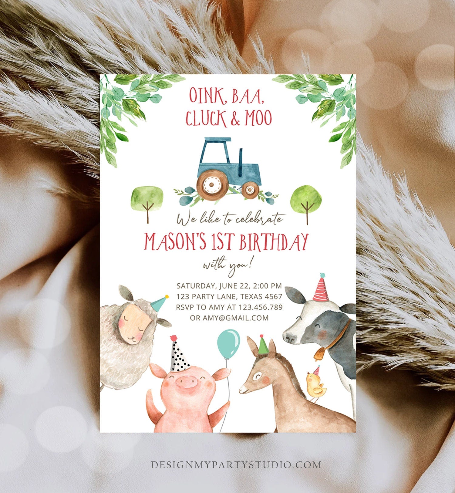 Editable Farm Birthday Invitation Boy Farm Animals Blue Tractor Barnyard Barn Birthday Party Animals Digital Corjl Template Printable 0155