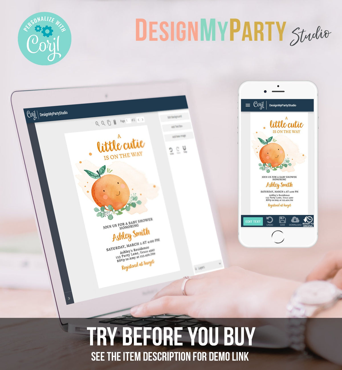Editable Little Cutie Baby Shower Evite Little Cutie On The Way Clementine Orange Unisex Digital Download Electronic Invite Template 0430