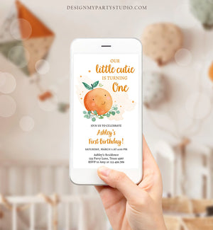 Editable Little Cutie Birthday Evite Clementine Oranges Party Unisex Orange Invitation Citrus Download Phone Electronic Corjl Template 0430