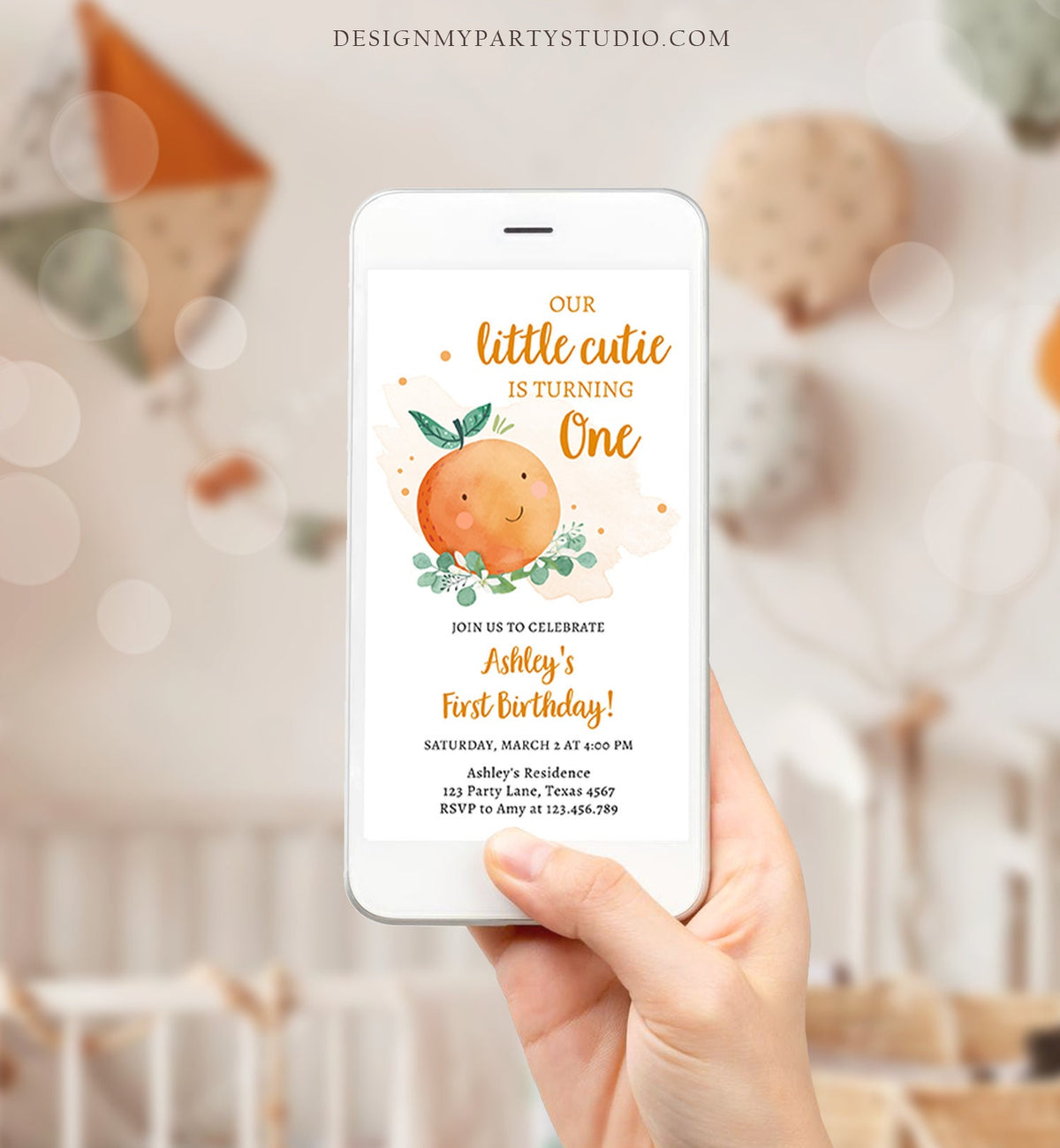Editable Little Cutie Birthday Evite Clementine Oranges Party Unisex Orange Invitation Citrus Download Phone Electronic Corjl Template 0430