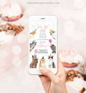 Editable Cat Birthday Party Evite Kitten Birthday Invitation Pink Girl Kitty Cat Invite Pet Download Template Phone Electronic Corjl 0384