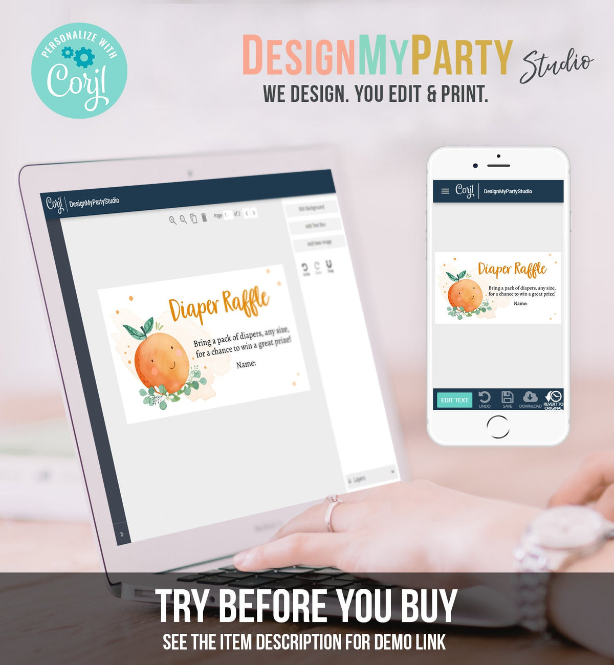 Editable Little Cutie Diaper Raffle Ticket Little Cutie Baby Shower Clementine Gender Neutral Orange Rustic Digital Template Printable 0430