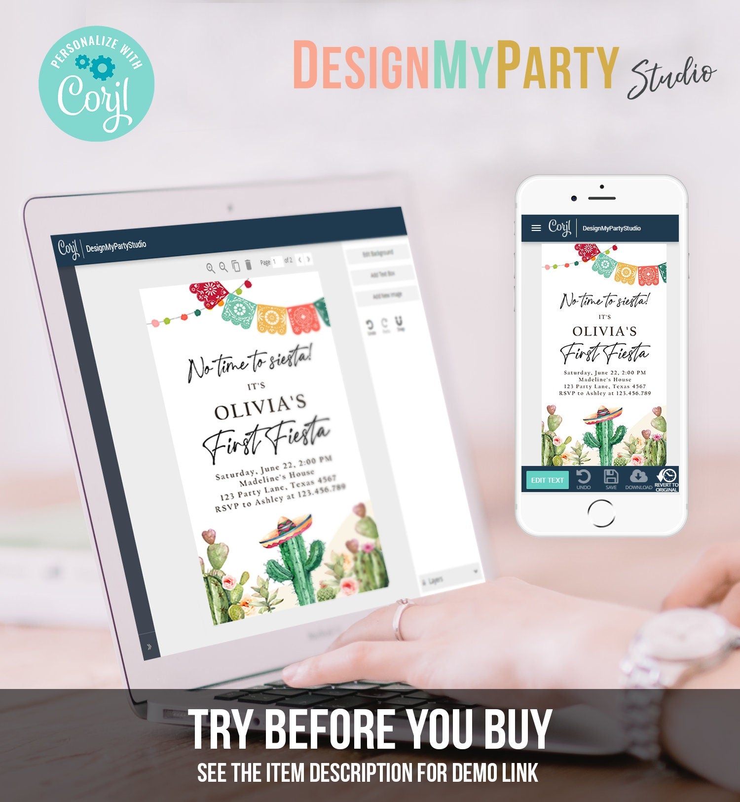 Editable Fiesta Evite First Fiesta Birthday Invitation Phone Mexican Cactus Succulent Desert Floral Digital Download Evite Template 0404