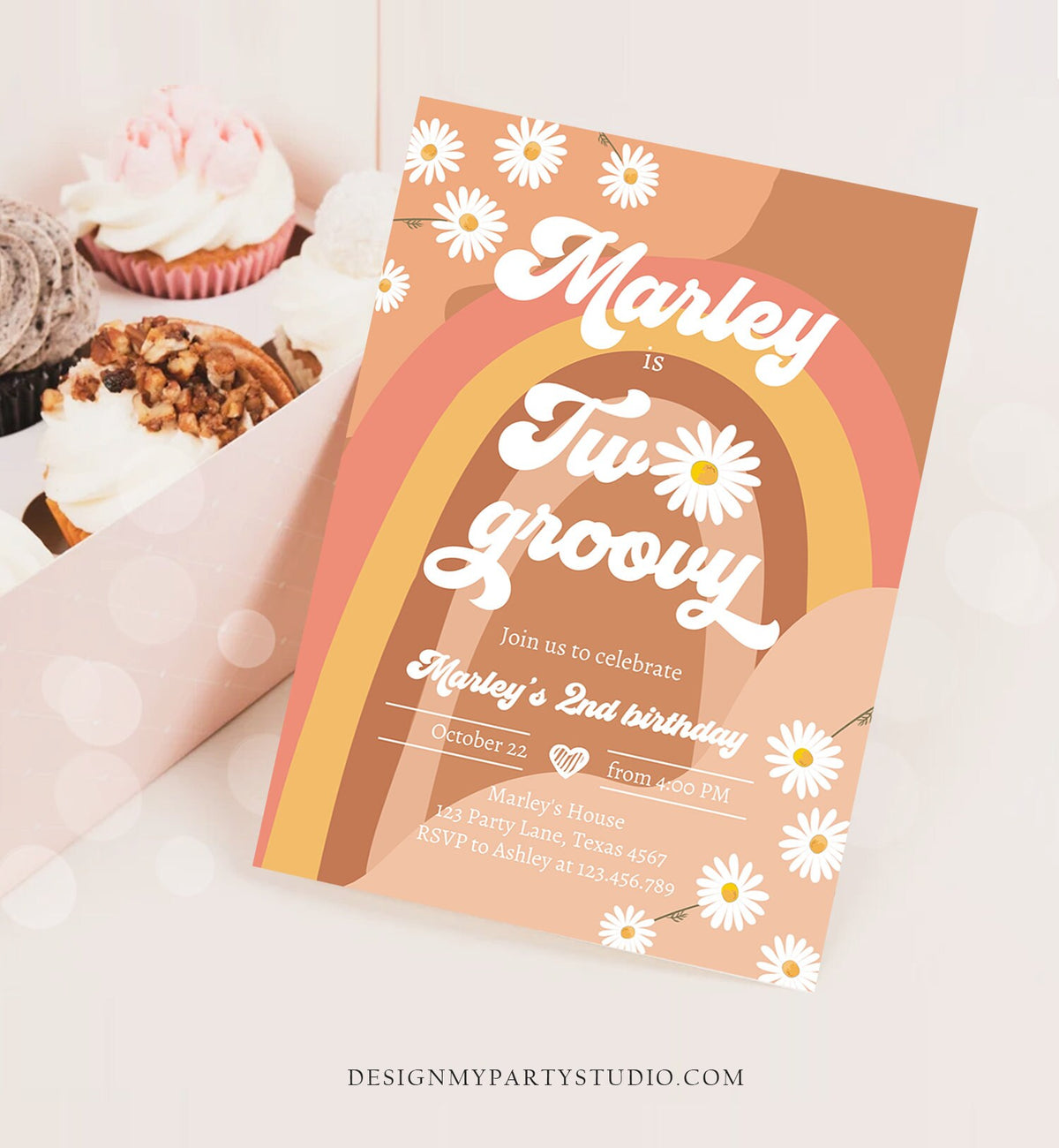 Editable Two Groovy Birthday Party Invitation 2nd Birthday Boho Retro Flower Power 70&#39;s Daisy Digital Download Template Printable 0428