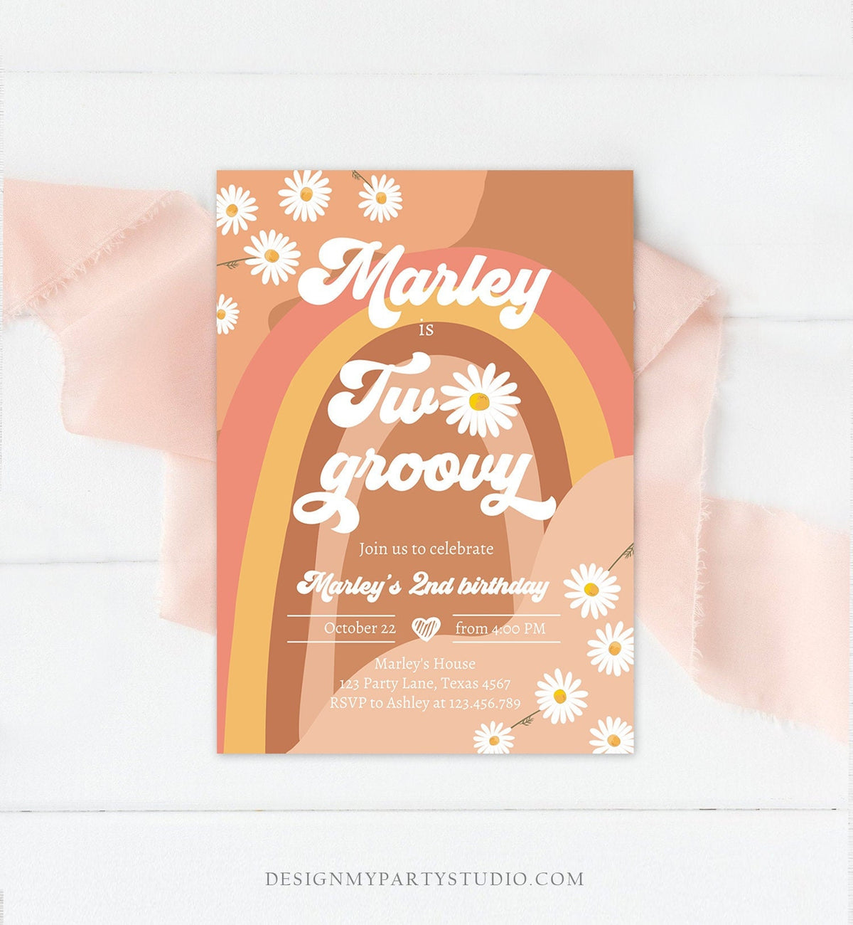 Editable Two Groovy Birthday Party Invitation 2nd Birthday Boho Retro Flower Power 70&#39;s Daisy Digital Download Template Printable 0428