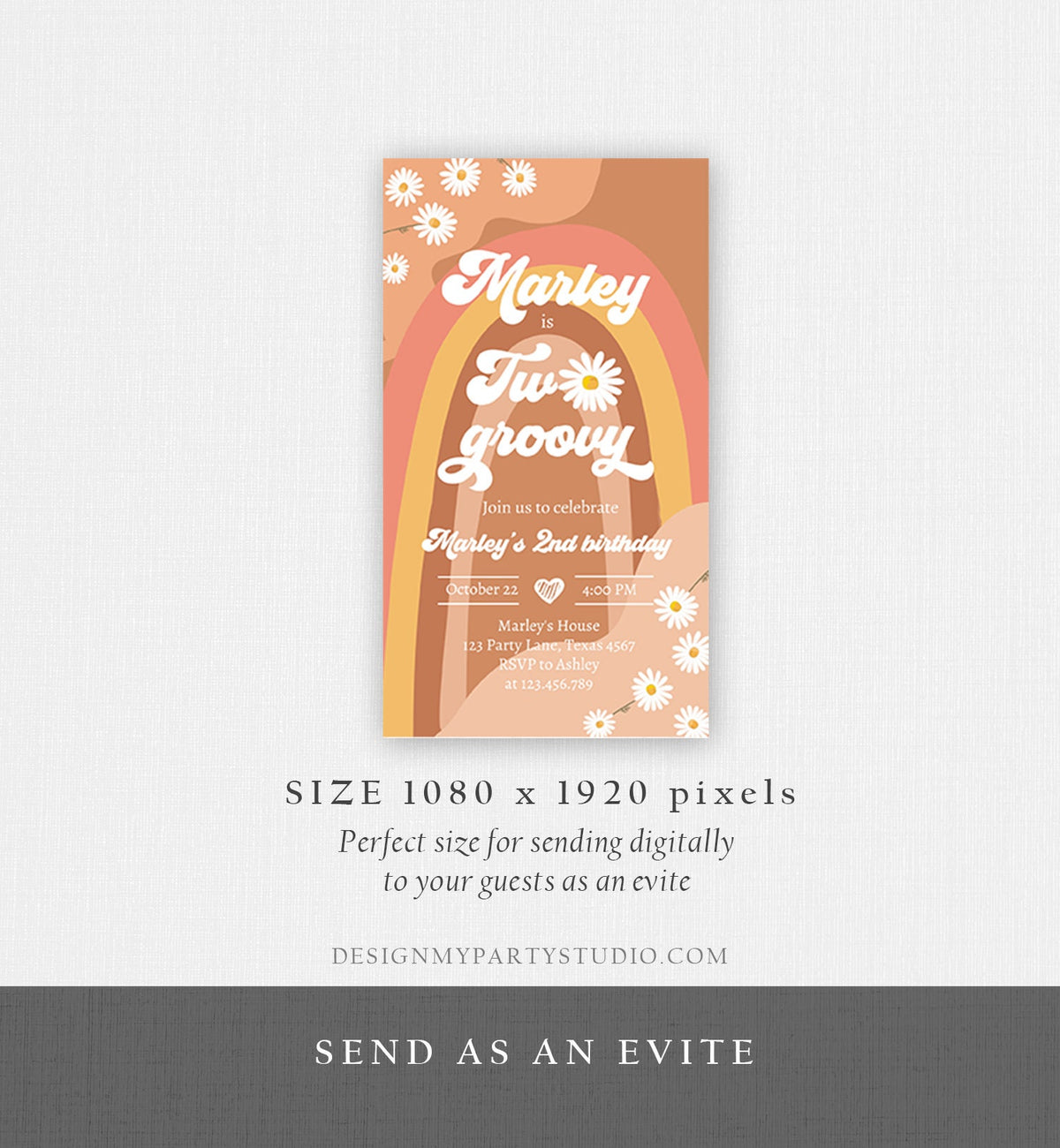 Editable Two Groovy Birthday Party Evite 2nd Birthday Boho Retro Flower Power 70&#39;s Daisy Download Electronic Template Corjl Digital 0428