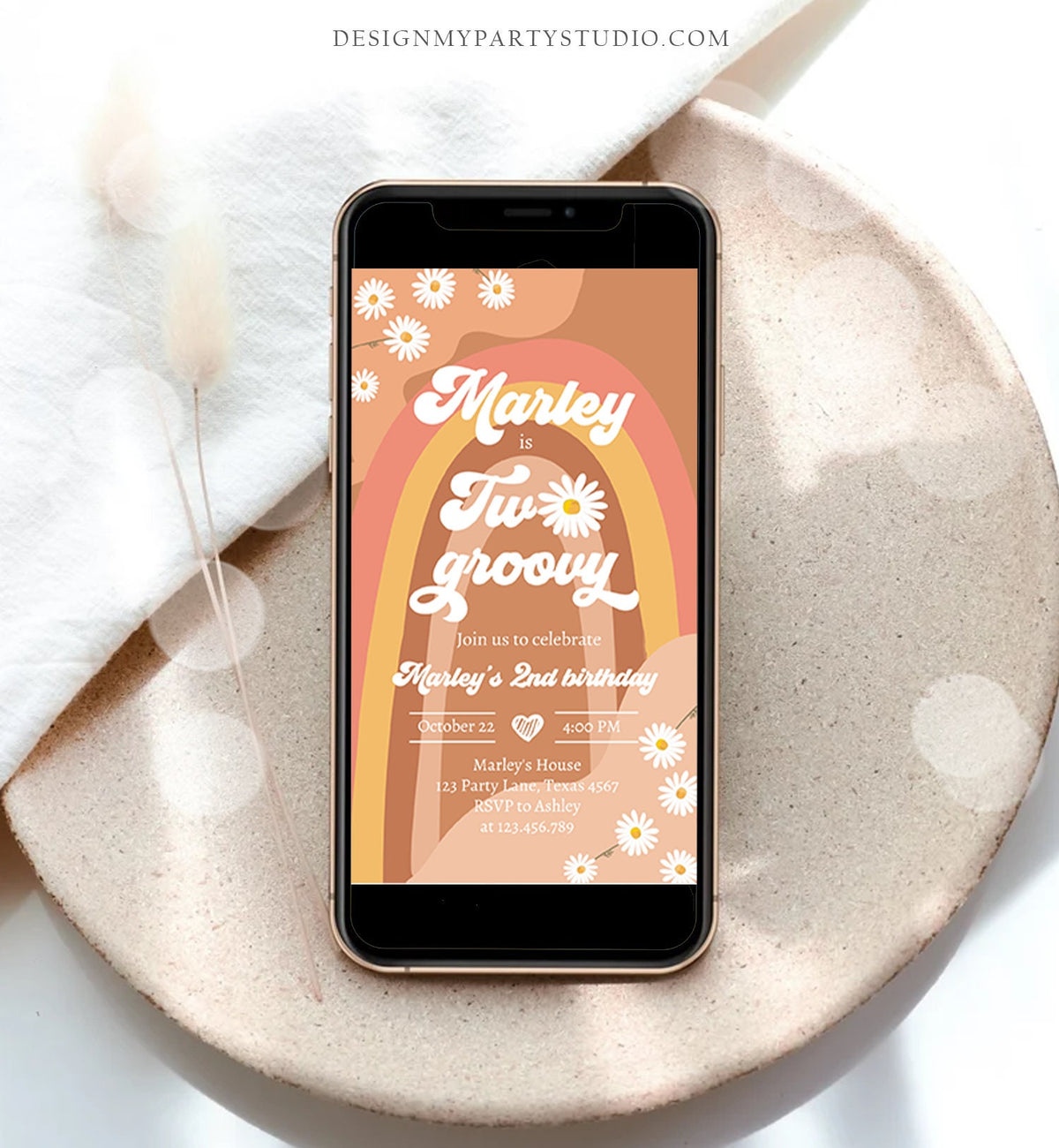 Editable Two Groovy Birthday Party Evite 2nd Birthday Boho Retro Flower Power 70&#39;s Daisy Download Electronic Template Corjl Digital 0428