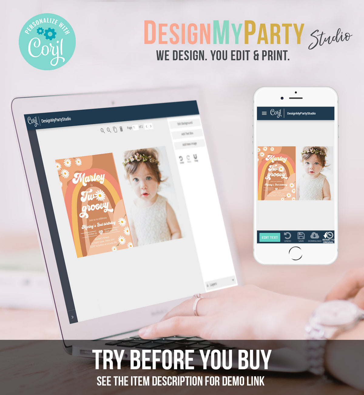 Editable Two Groovy Birthday Party Invitation 2nd Birthday Boho Retro Flower Power 70&#39;s Daisy Download Printable Template Corjl Digital 0428