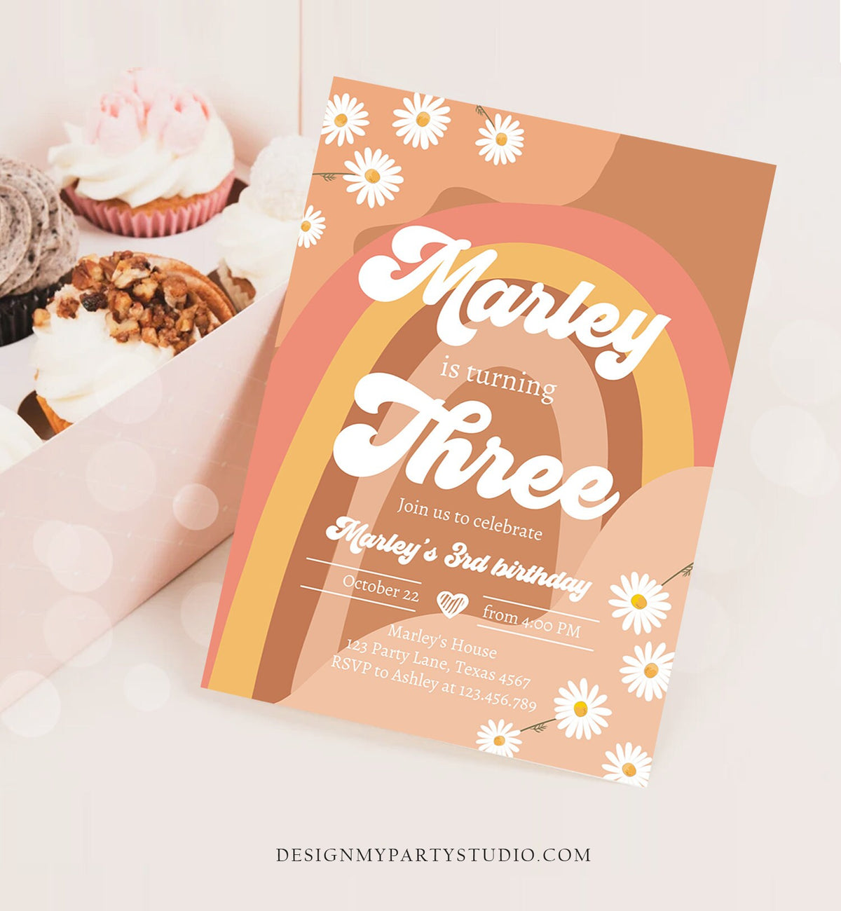 Editable Groovy Retro 3rd Birthday Invitation Three Birthday Retro Floral 70s Flower Power Festival Digital Evite Template Printable 0428