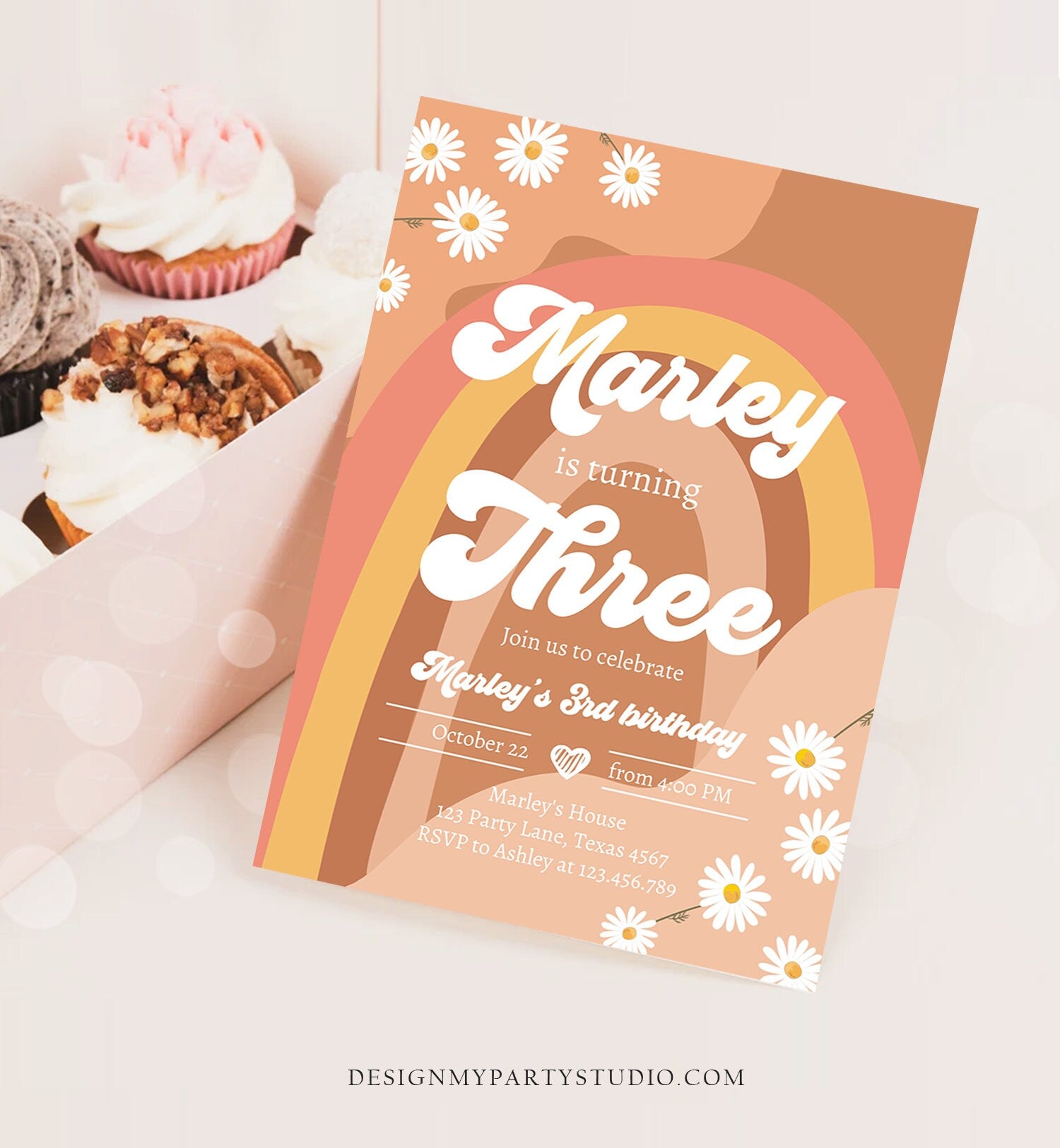Editable Groovy Retro 3rd Birthday Invitation Three Birthday Retro Floral 70s Flower Power Festival Digital Evite Template Printable 0428