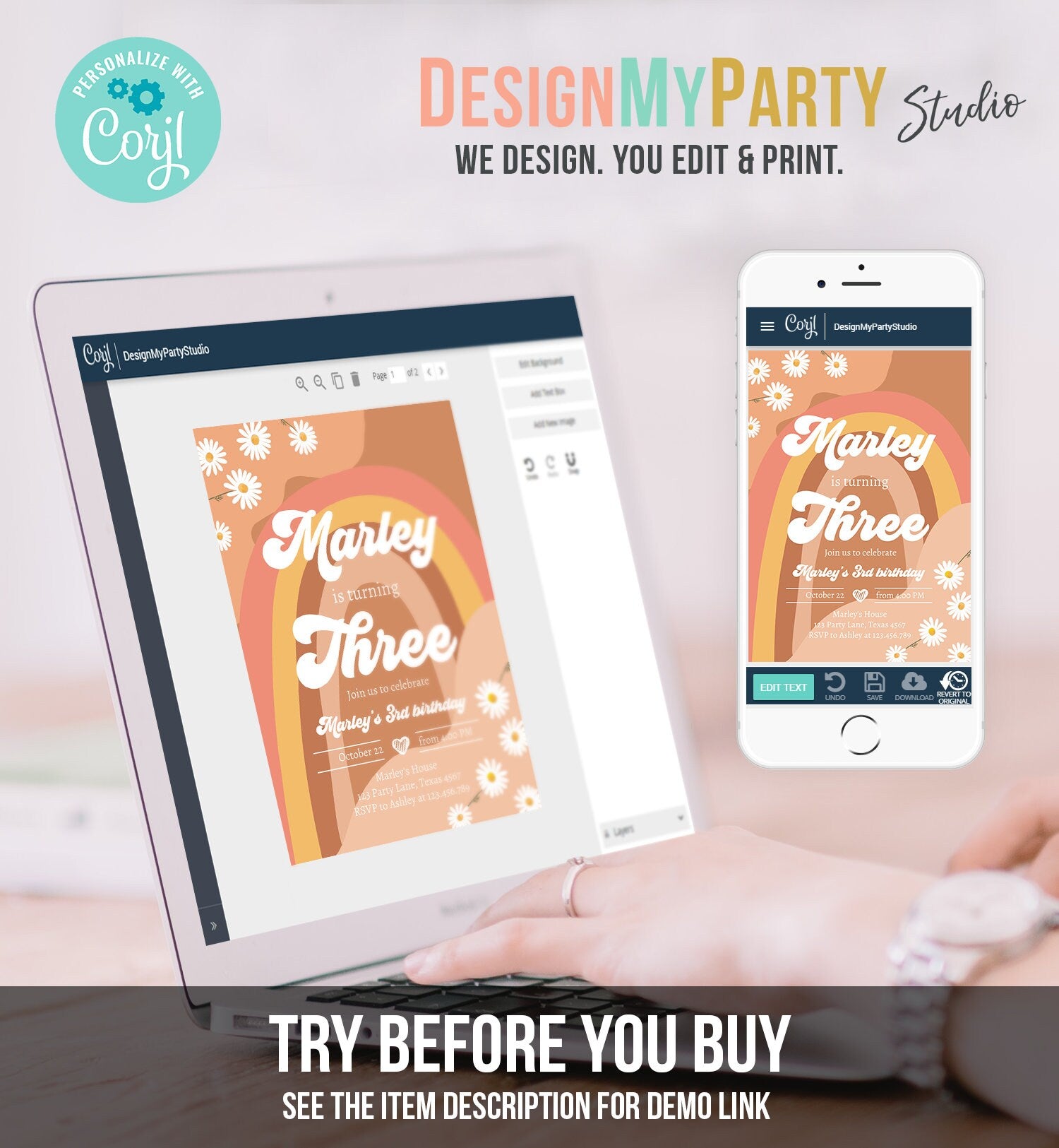 Editable Groovy Retro 3rd Birthday Invitation Three Birthday Retro Floral 70s Flower Power Festival Digital Evite Template Printable 0428