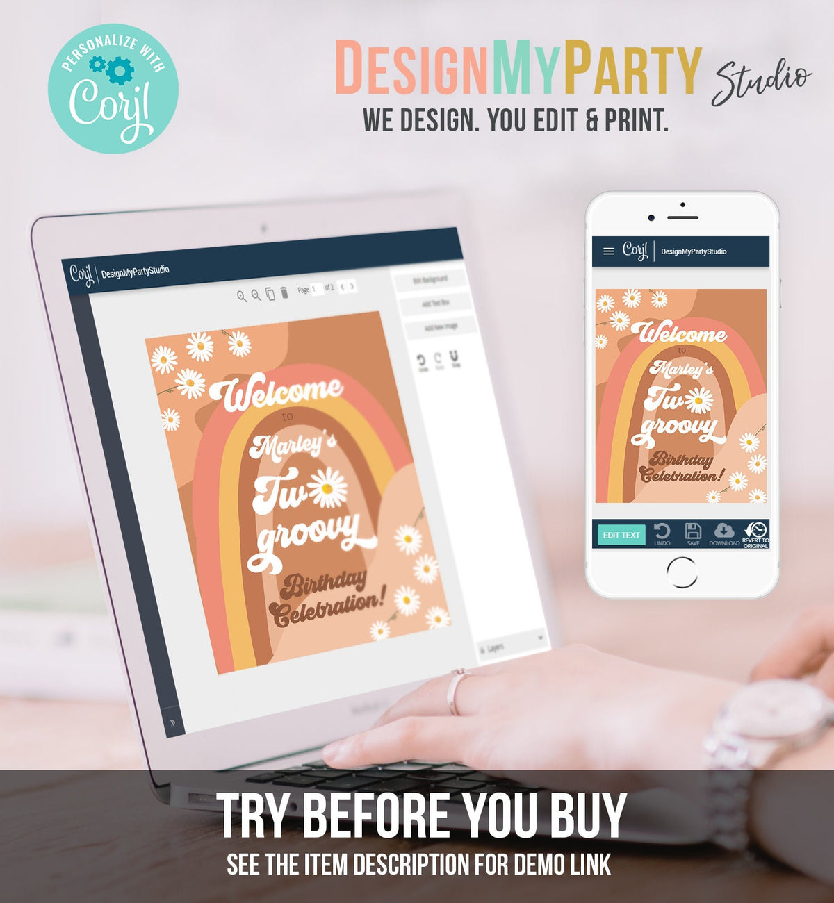 Editable Two Groovy Birthday Welcome Sign Floral Boho 2nd Birthday Welcome Sign Retro 70&#39;s Hippie Festival Digital Template Printable 0428