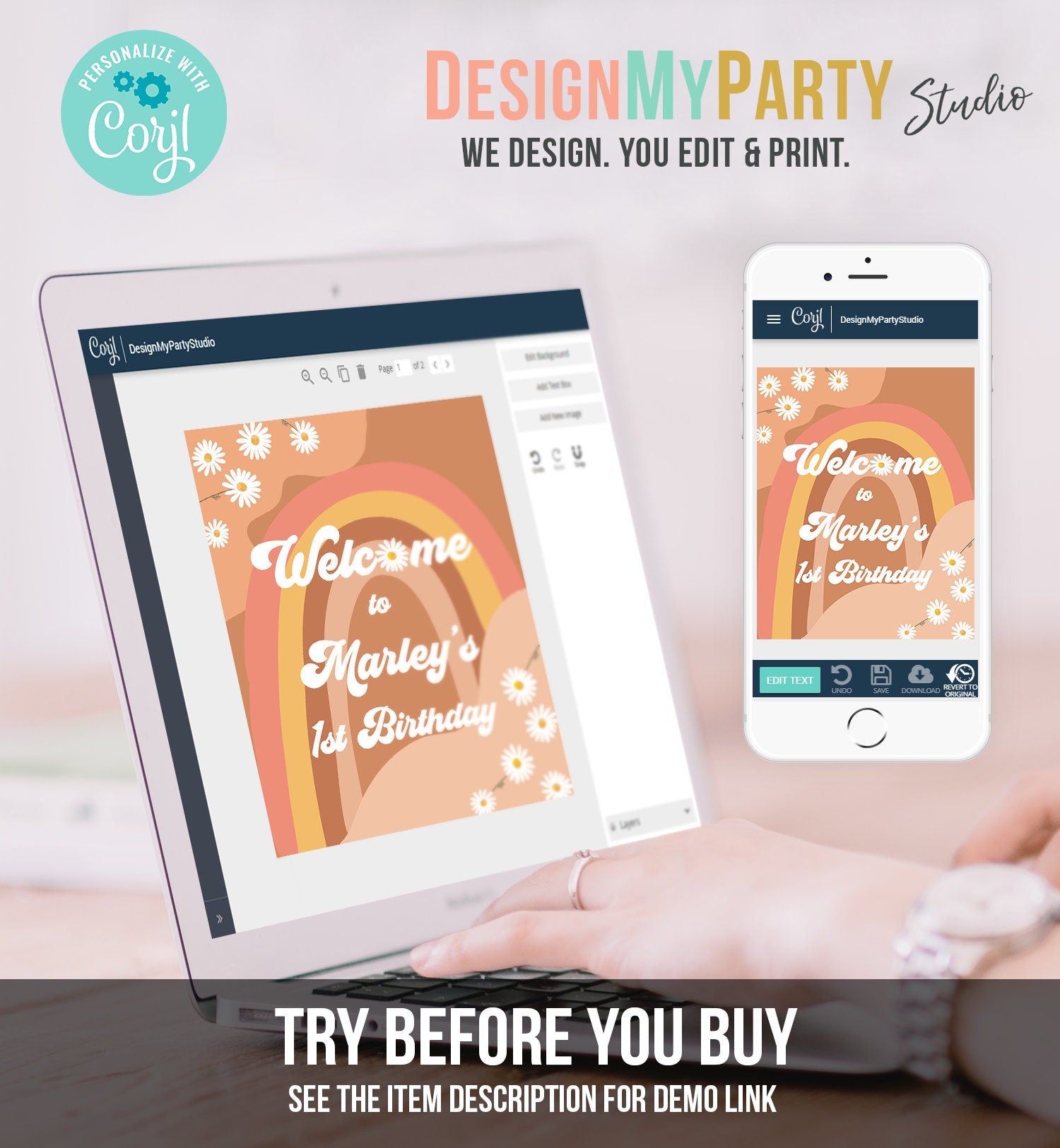 Editable Groovy Birthday Welcome Sign Floral Boho Birthday Welcome Sign Retro 70's Hippie Festival Digital Download Template Printable 0428