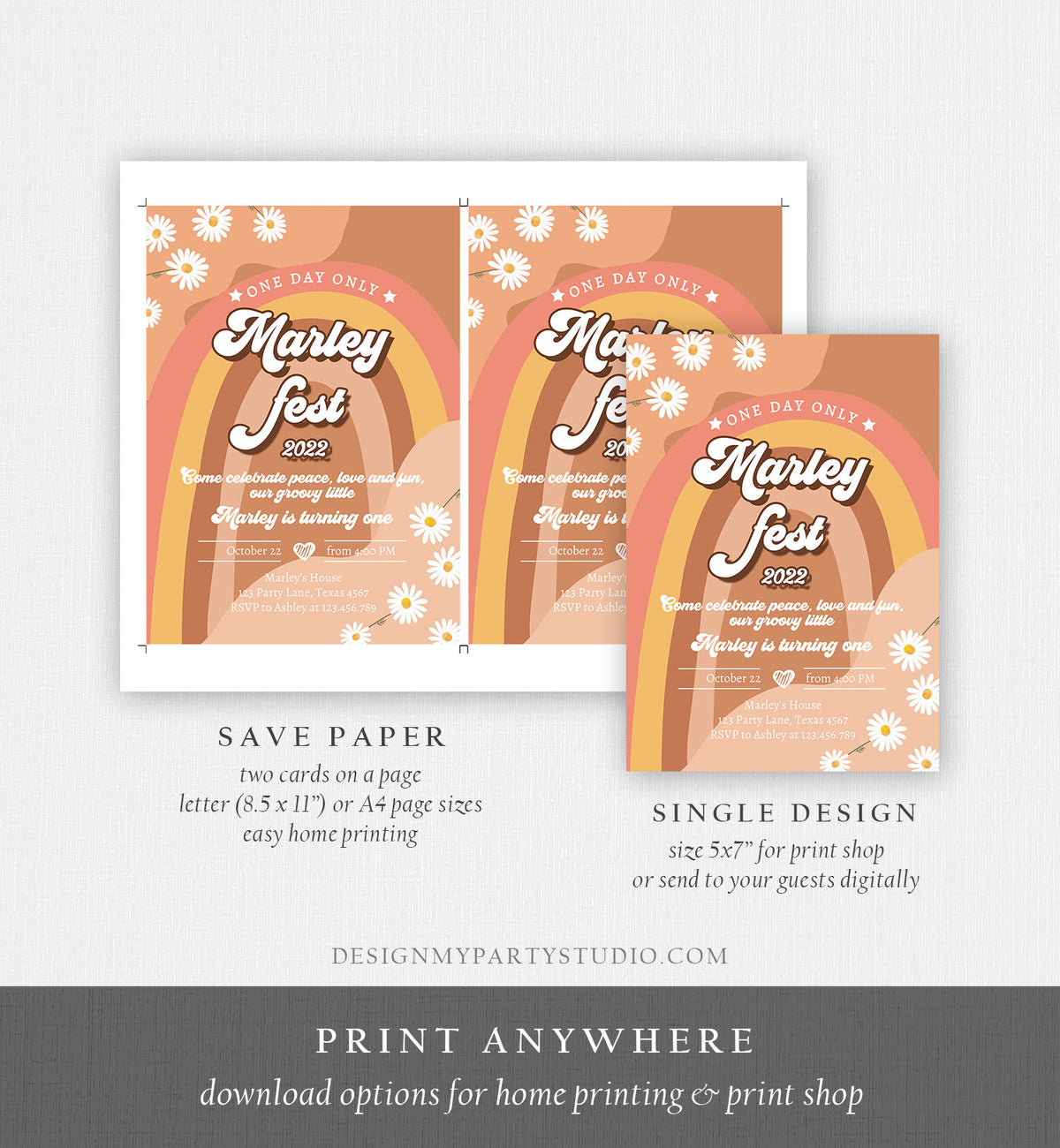 Editable Music Festival Birthday Party Invitation Floral Fest Birthday Flower Power 70&#39;s Groovy Hippie Digital Evite Template Printable 0428