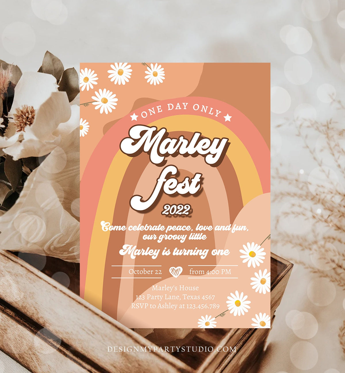 Editable Music Festival Birthday Party Invitation Floral Fest Birthday Flower Power 70&#39;s Groovy Hippie Digital Evite Template Printable 0428