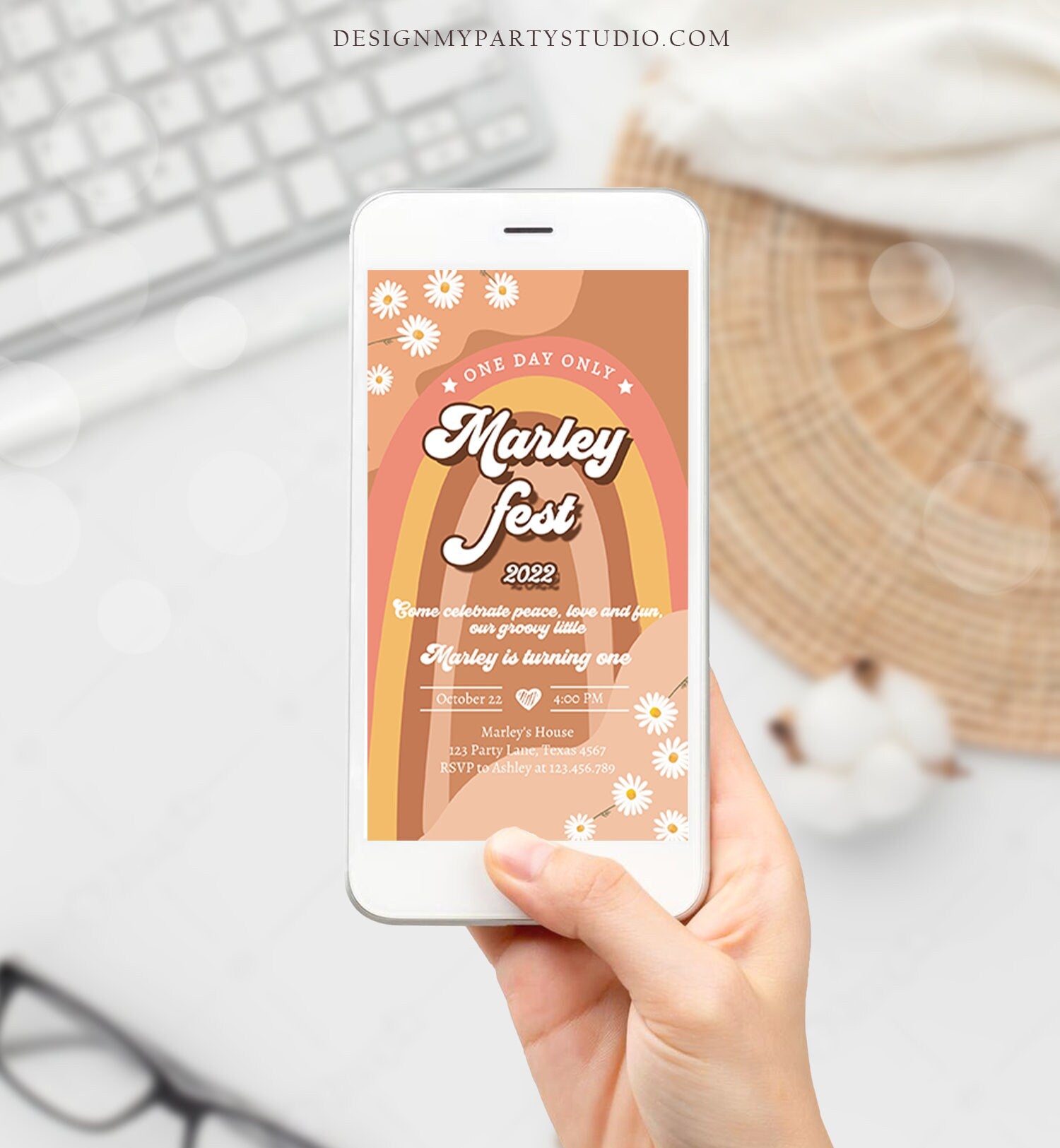 Editable Music Festival Birthday Party Evite Groovy Birthday Boho Retro Flower Power 70's Digital Download Electronic Evite Template 0428