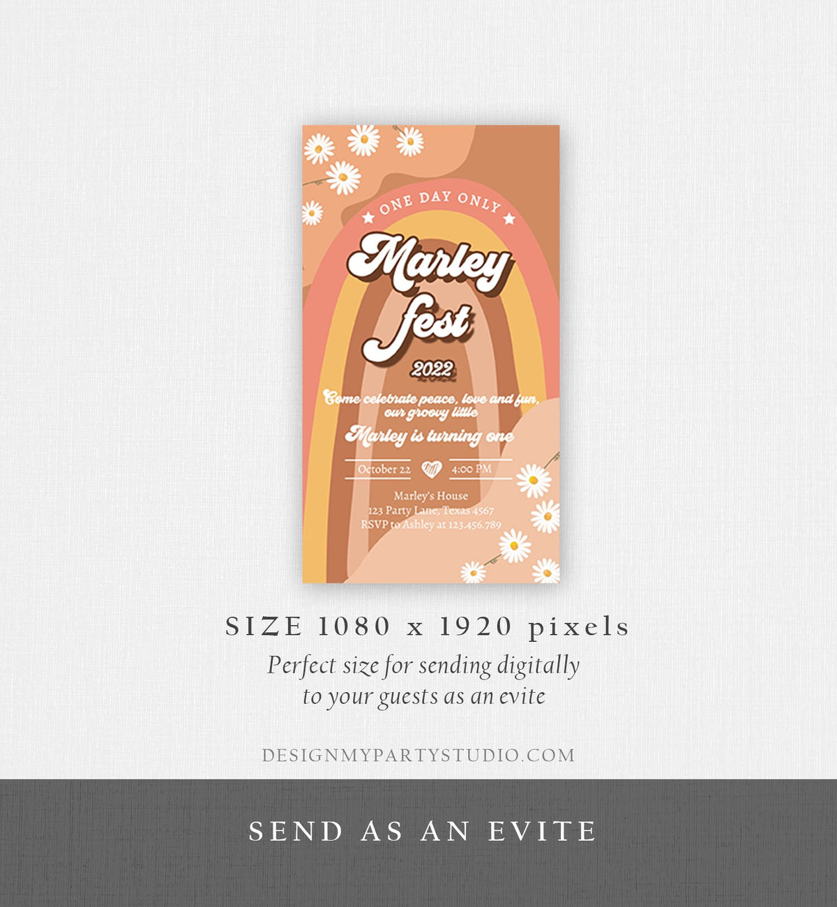 Editable Music Festival Birthday Party Evite Groovy Birthday Boho Retro Flower Power 70&#39;s Digital Download Electronic Evite Template 0428