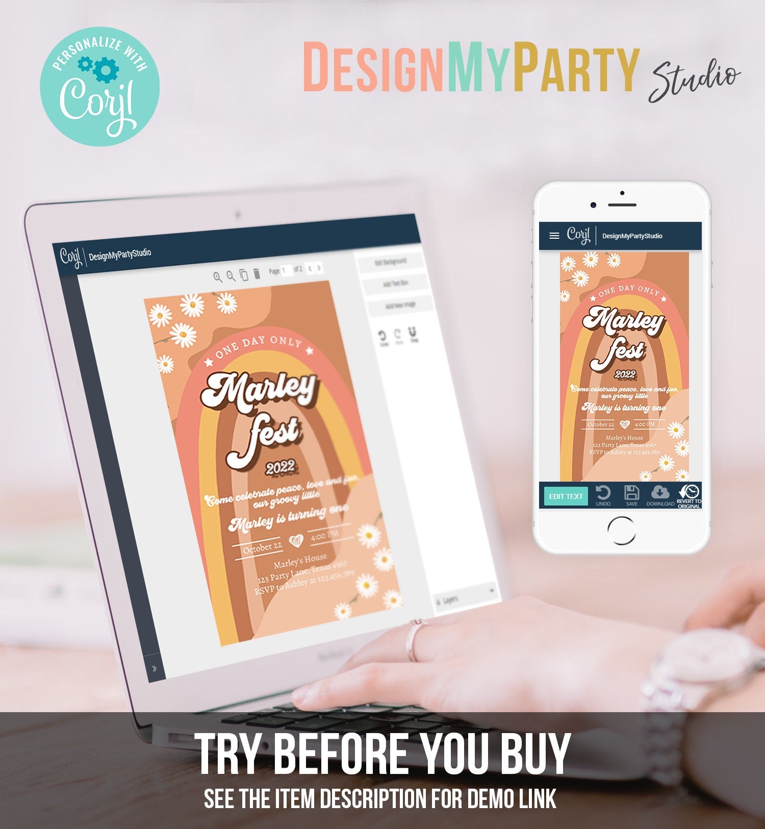 Editable Music Festival Birthday Party Evite Groovy Birthday Boho Retro Flower Power 70's Digital Download Electronic Evite Template 0428