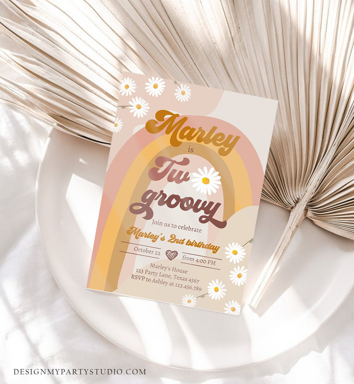 Editable Two Groovy Birthday Party Invitation 2nd Birthday Boho Retro Flower Power 70&#39;s Daisy Digital Download Evite Template Printable 0428