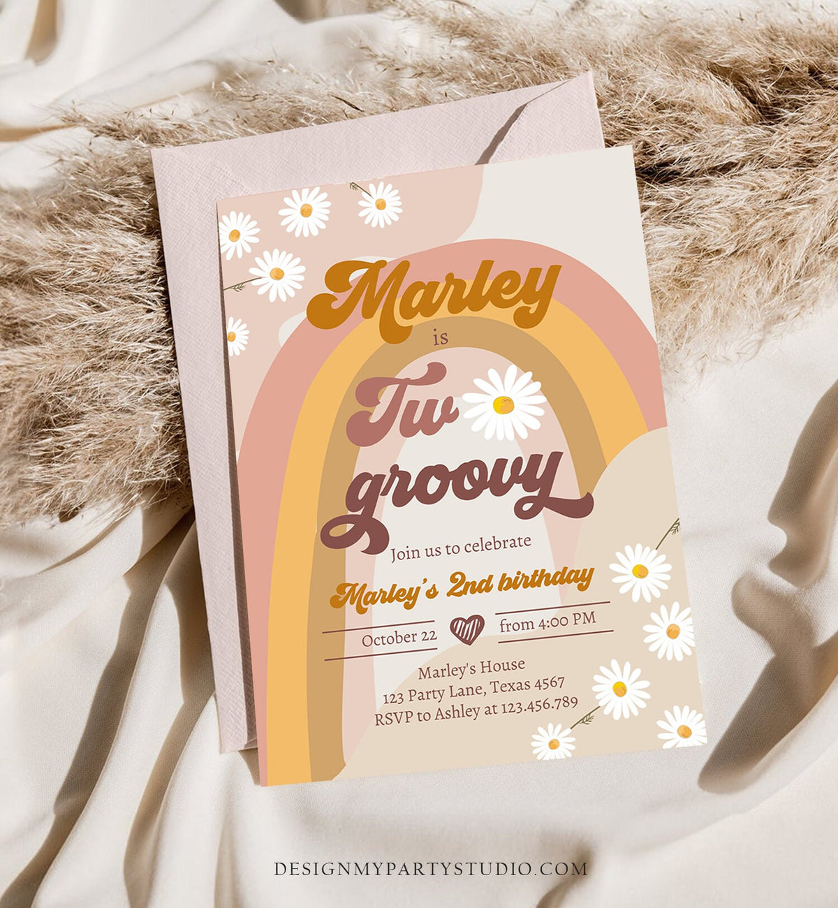 Editable Two Groovy Birthday Party Invitation 2nd Birthday Boho Retro Flower Power 70&#39;s Daisy Digital Download Evite Template Printable 0428