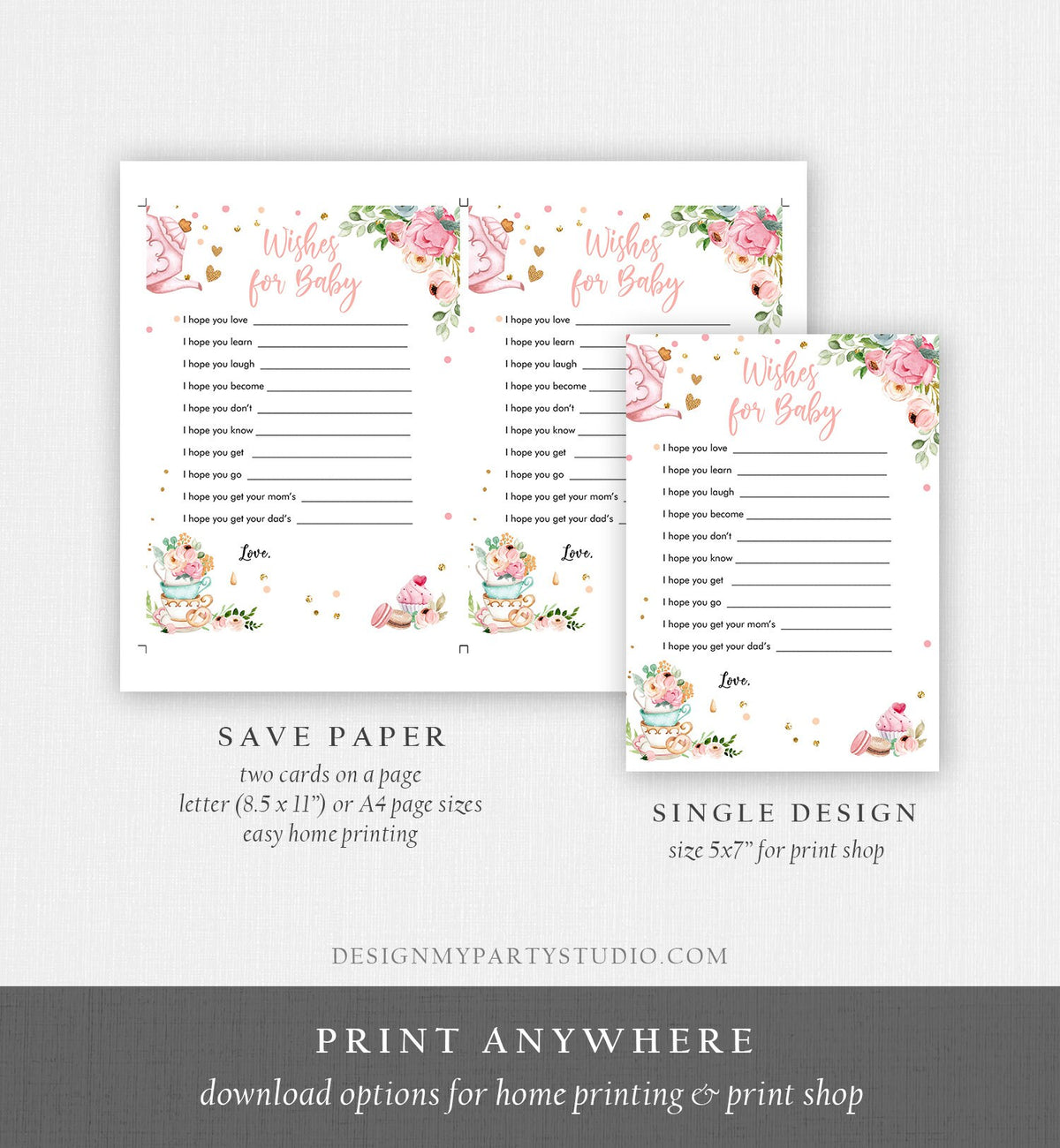 Editable Whishes for the Baby Game Baby Shower Tea Party Baby is Brewing Game Pink Sweets Activity Baby Wishes Corjl Template Printable 0349