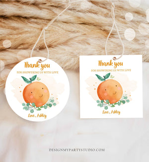 Editable A Little Cutie is on The Way Favor Tag Orange Clementine Baby Shower Cutie Gift Neutral Square Round Template Corjl Printable 0430