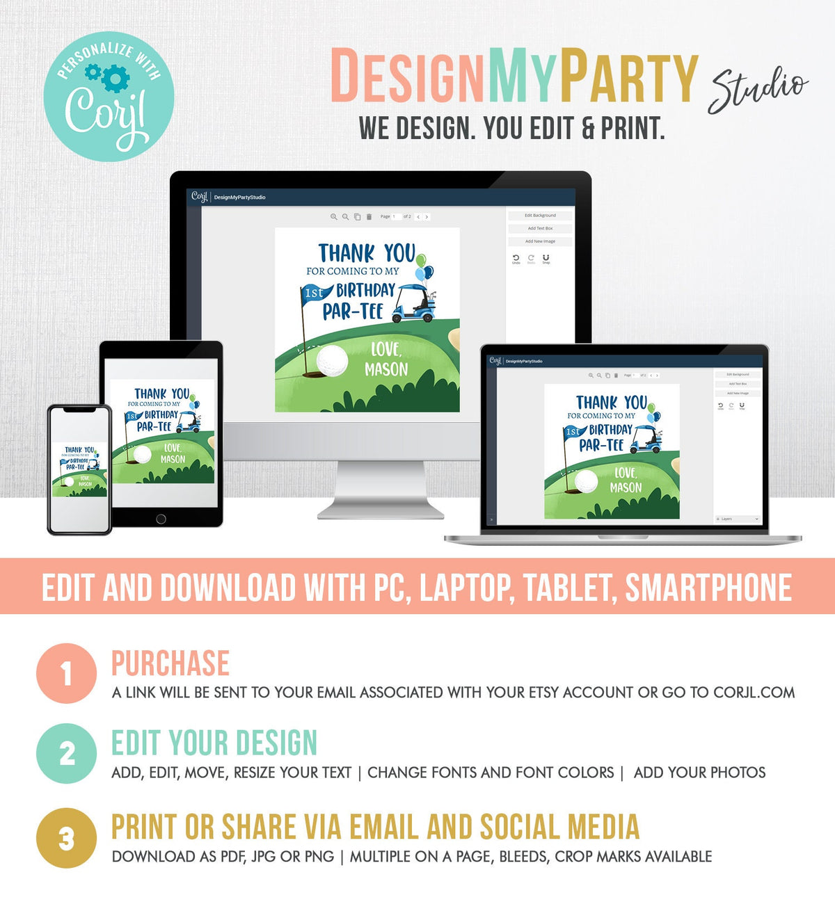 Editable Golf Favor Tags Golf Thank You Par-tee Stickers Golfing Birthday Hole in One 1st Birthday Boy Gift Tag Download Corjl Template 0405