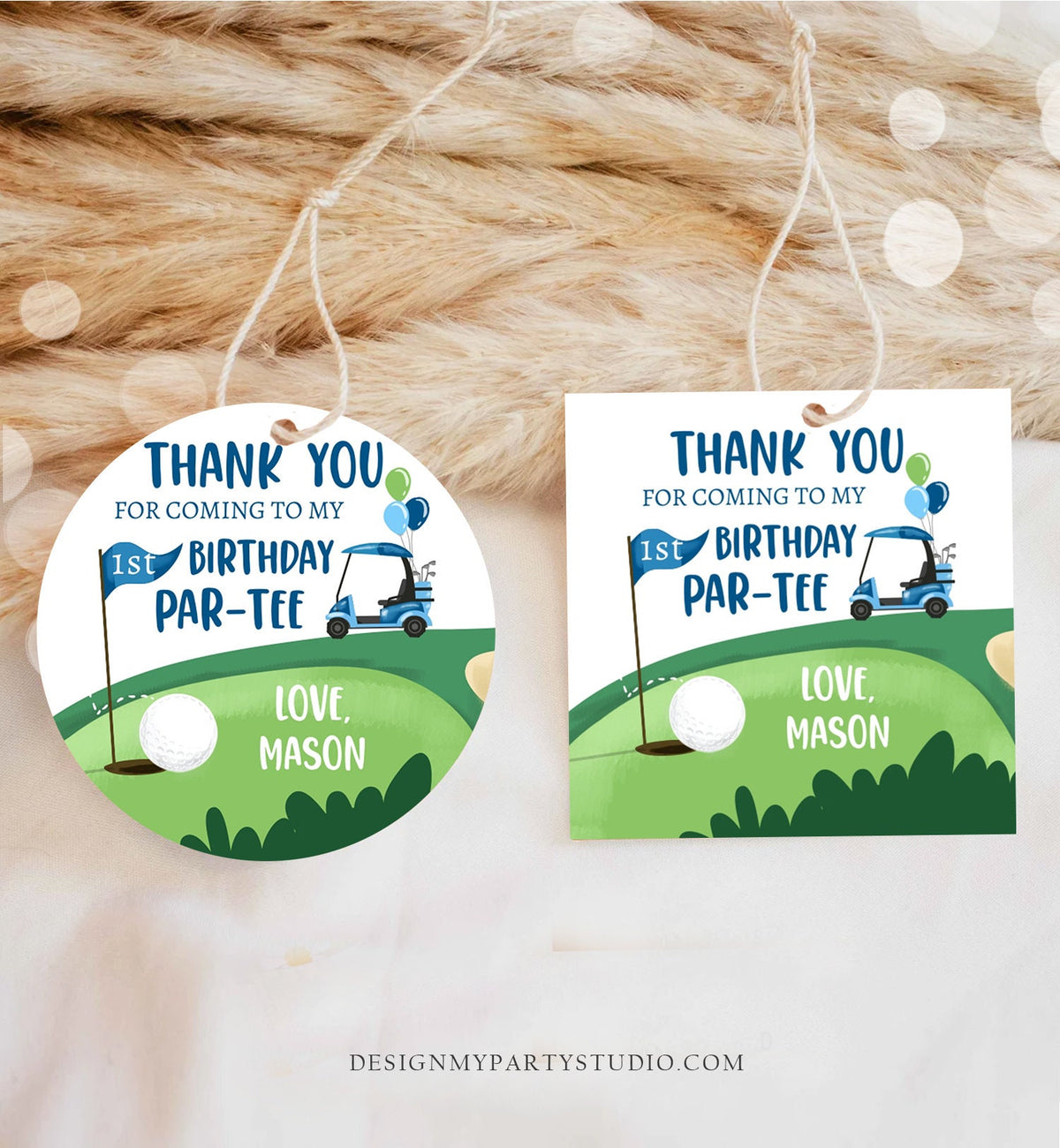 Editable Golf Favor Tags Golf Thank You Par-tee Stickers Golfing Birthday Hole in One 1st Birthday Boy Gift Tag Download Corjl Template 0405