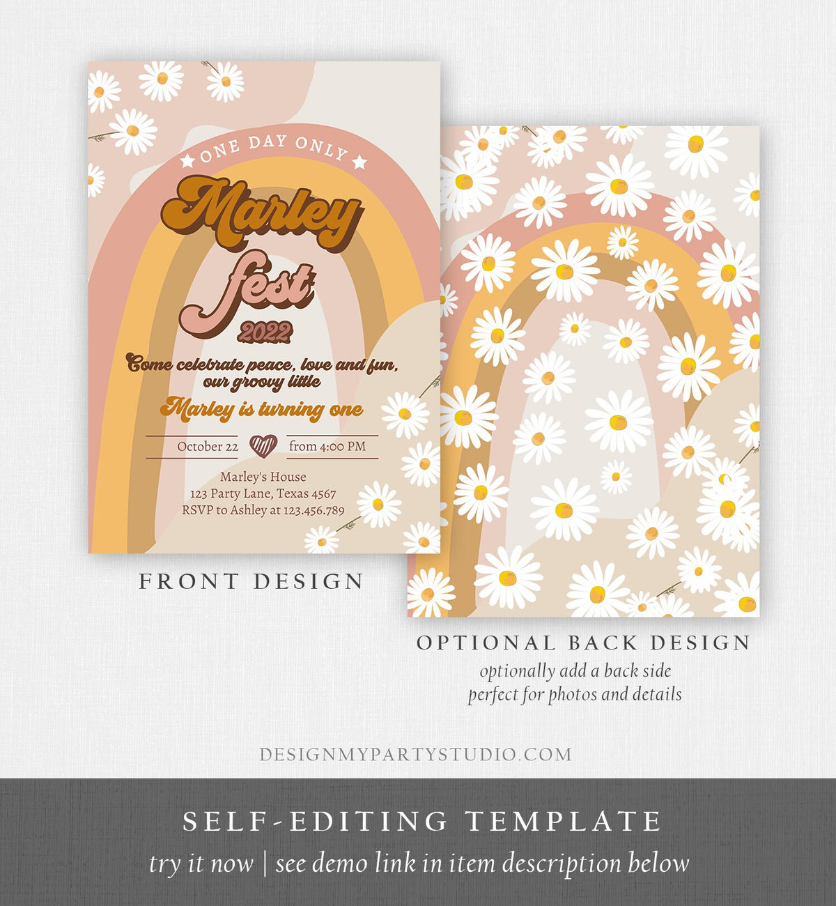 Editable Music Festival Birthday Party Invitation Floral Fest Birthday Seventies Groovy Peace Love Digital Download Template Printable 0428