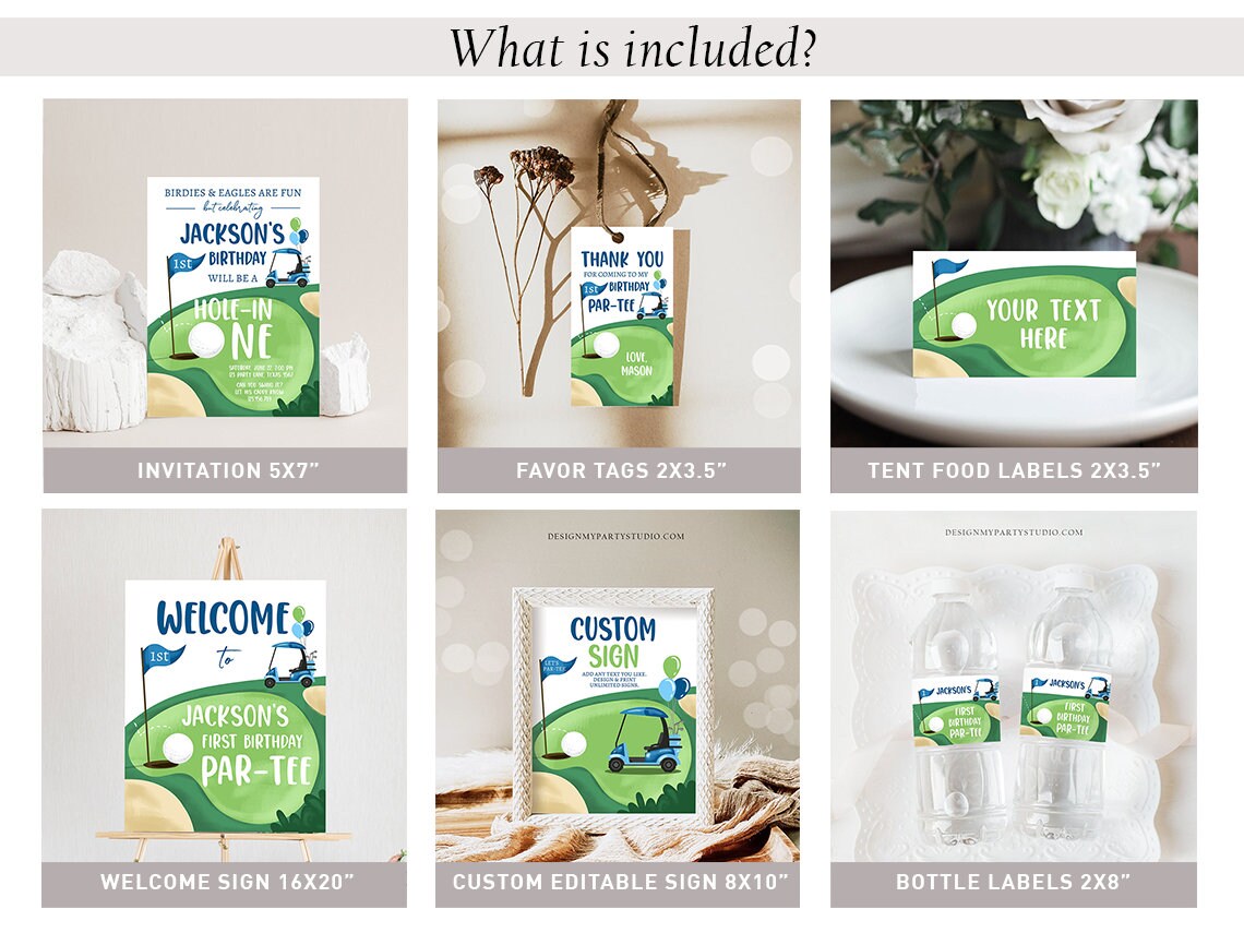 Hole in One Birthday Invitation Bundle Golf First Birthday Par-tee Boy Golfing Party Bundle One Invite Digital Printable Corjl Template 0405