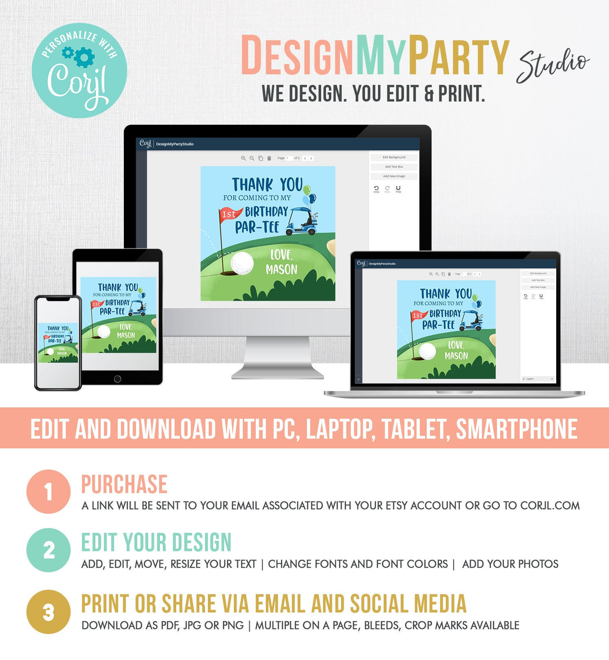 Editable Golf Favor Tag Birthday Thank You Par-tee Stickers Golfing Hole in One First Boy Gift Digital Download Template Printable 0405