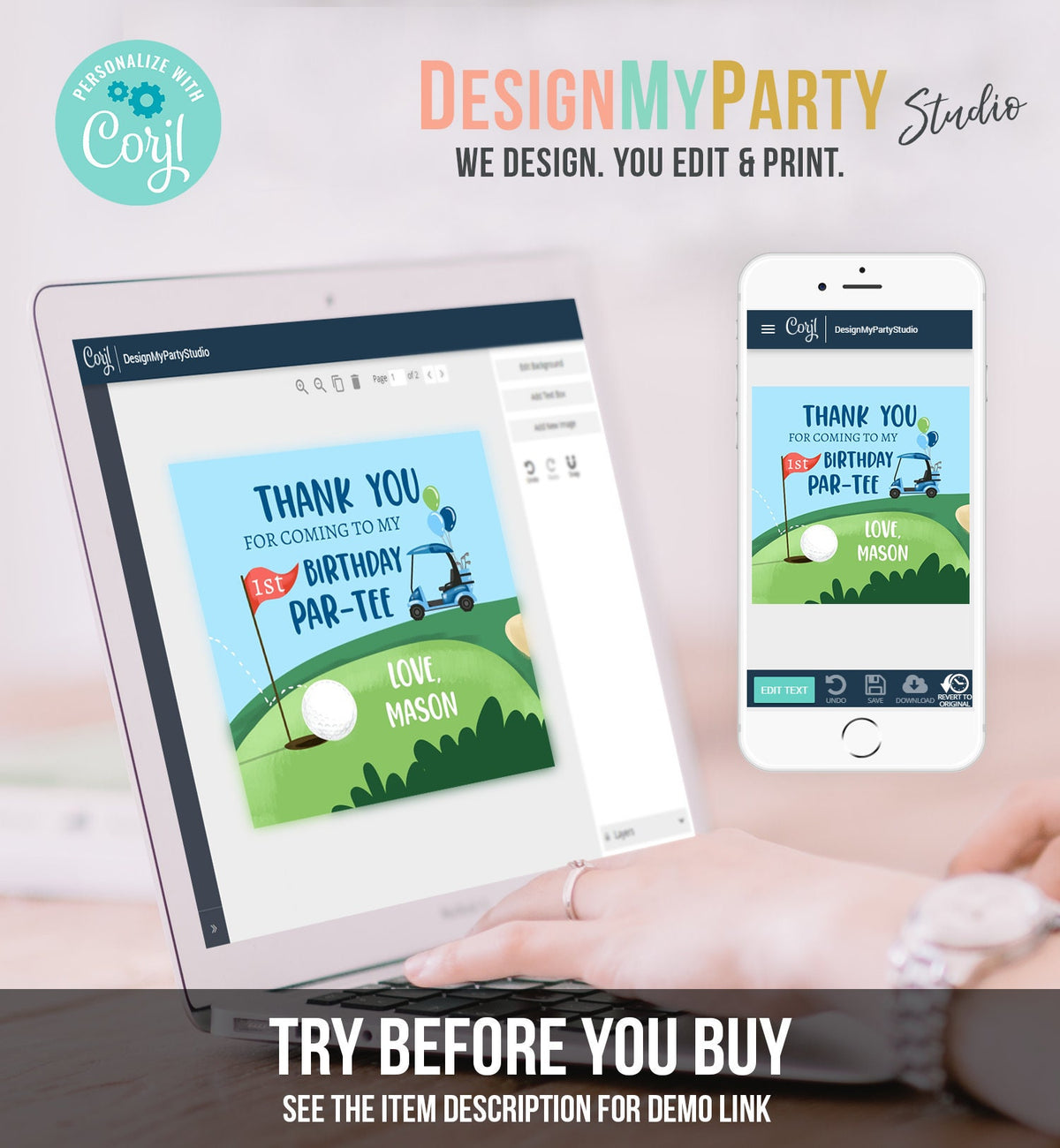 Editable Golf Favor Tag Birthday Thank You Par-tee Stickers Golfing Hole in One First Boy Gift Digital Download Template Printable 0405