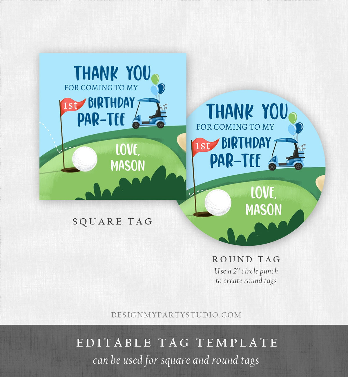 Editable Golf Favor Tag Birthday Thank You Par-tee Stickers Golfing Hole in One First Boy Gift Digital Download Template Printable 0405