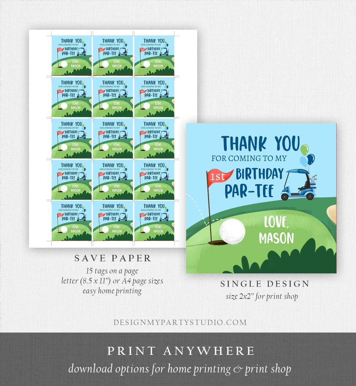 Editable Golf Favor Tag Birthday Thank You Par-tee Stickers Golfing Hole in One First Boy Gift Digital Download Template Printable 0405