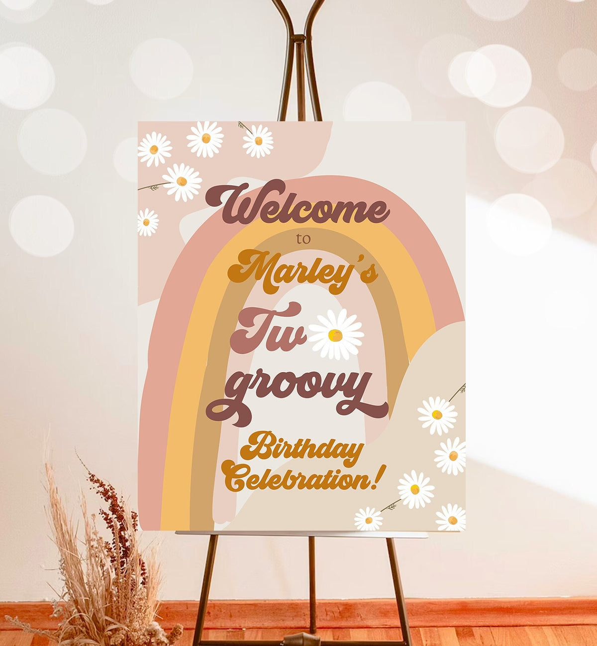 Editable Two Groovy Birthday Welcome Sign Floral Boho 2nd Birthday Welcome Sign Retro 70&#39;s Hippie Festival Template Corjl PRINTABLE 0428