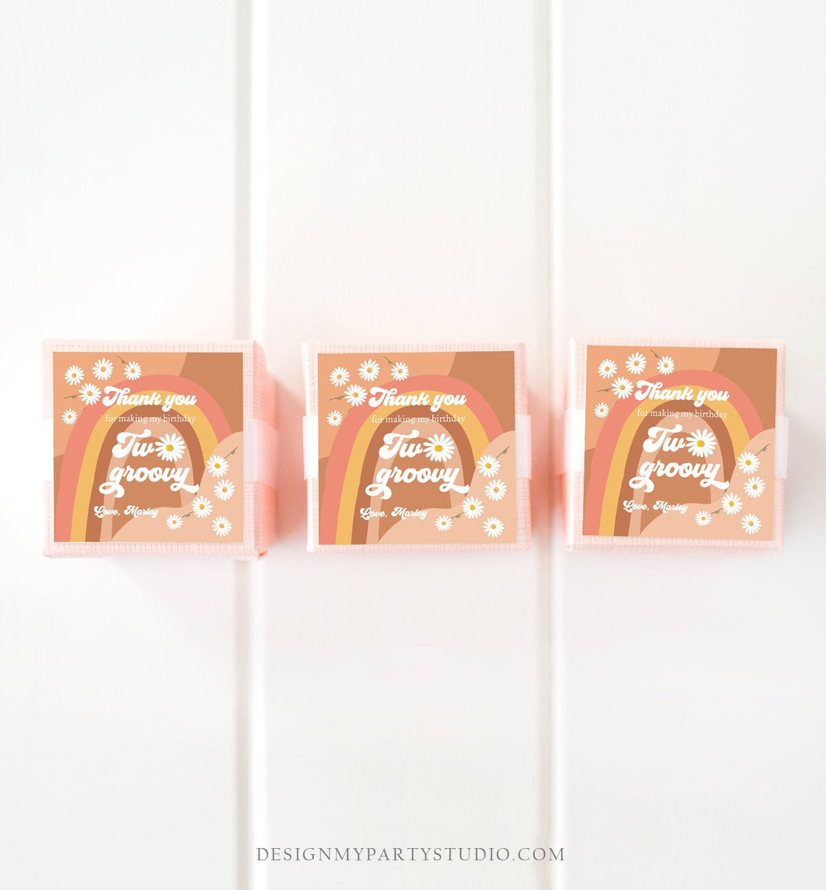 Editable Two Groovy Favor Tags Retro Daisy Birthday Thank you Sticker Festival Gift tags 70s Floral Hippie Digital Template Printable 0428