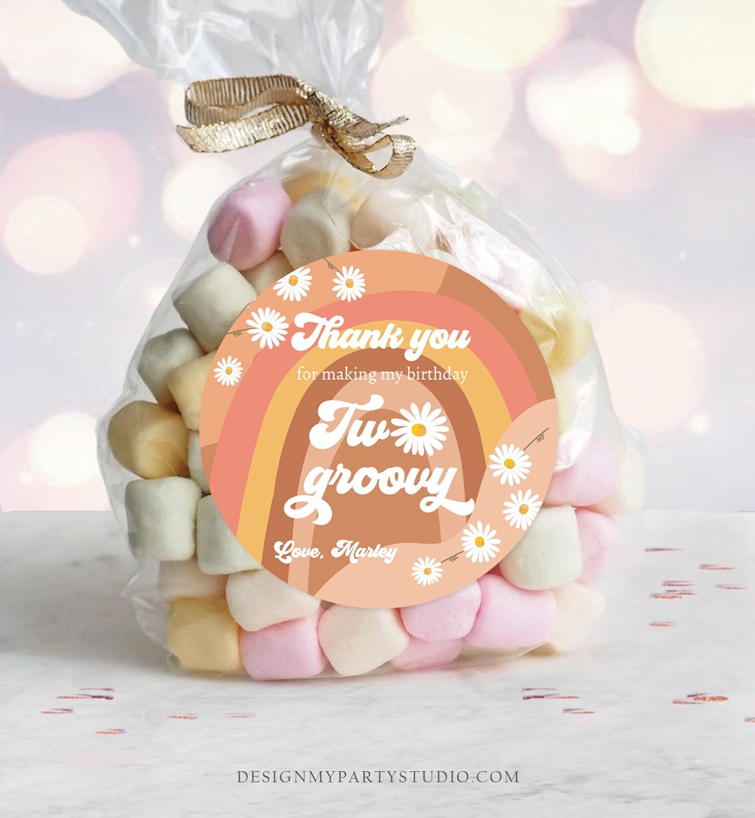 Editable Two Groovy Favor Tags Retro Daisy Birthday Thank you Sticker Festival Gift tags 70s Floral Hippie Digital Template Printable 0428