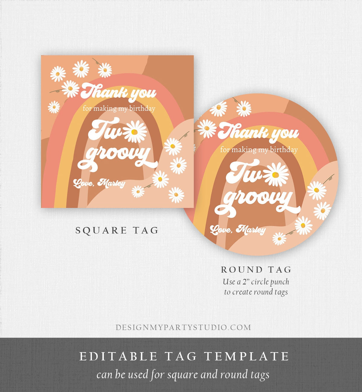 Editable Two Groovy Favor Tags Retro Daisy Birthday Thank you Sticker Festival Gift tags 70s Floral Hippie Digital Template Printable 0428